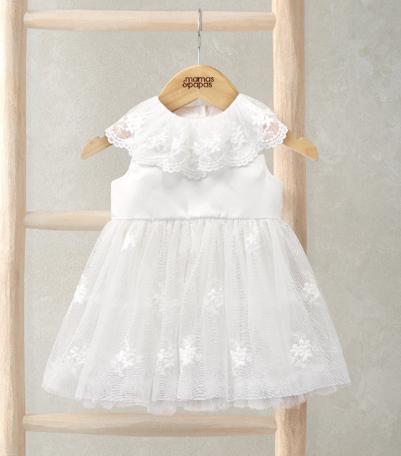 Mamas & Papas Cape Collar Mesh Flower Girl Dress with Embroidered Skirt White