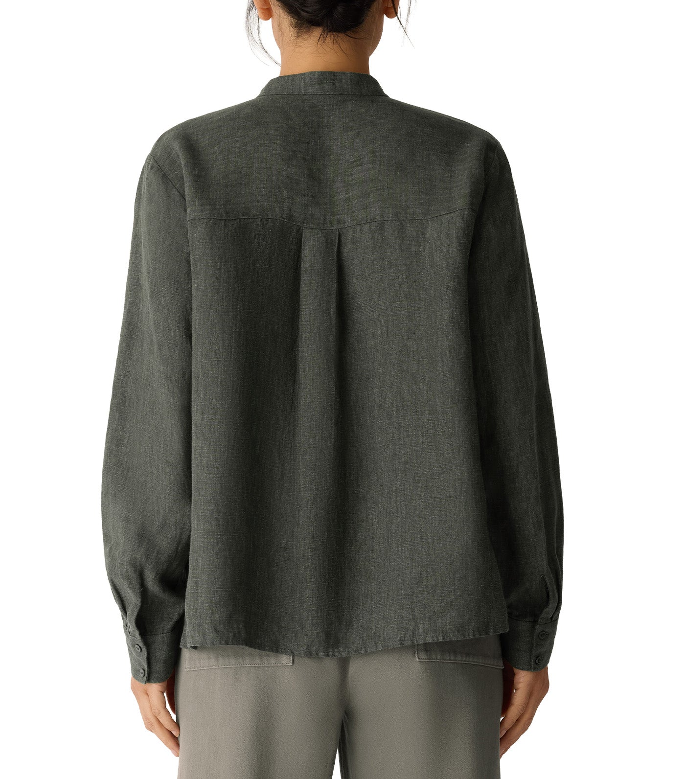 Washed Organic Linen Délavé Band Collar Shirt Bayleaf