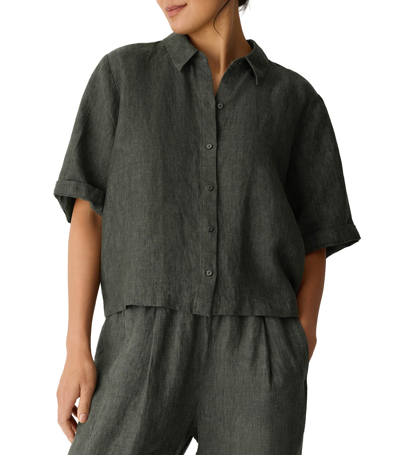 Washed Organic Linen Délavé Elbow-Sleeve Shirt Bayleaf