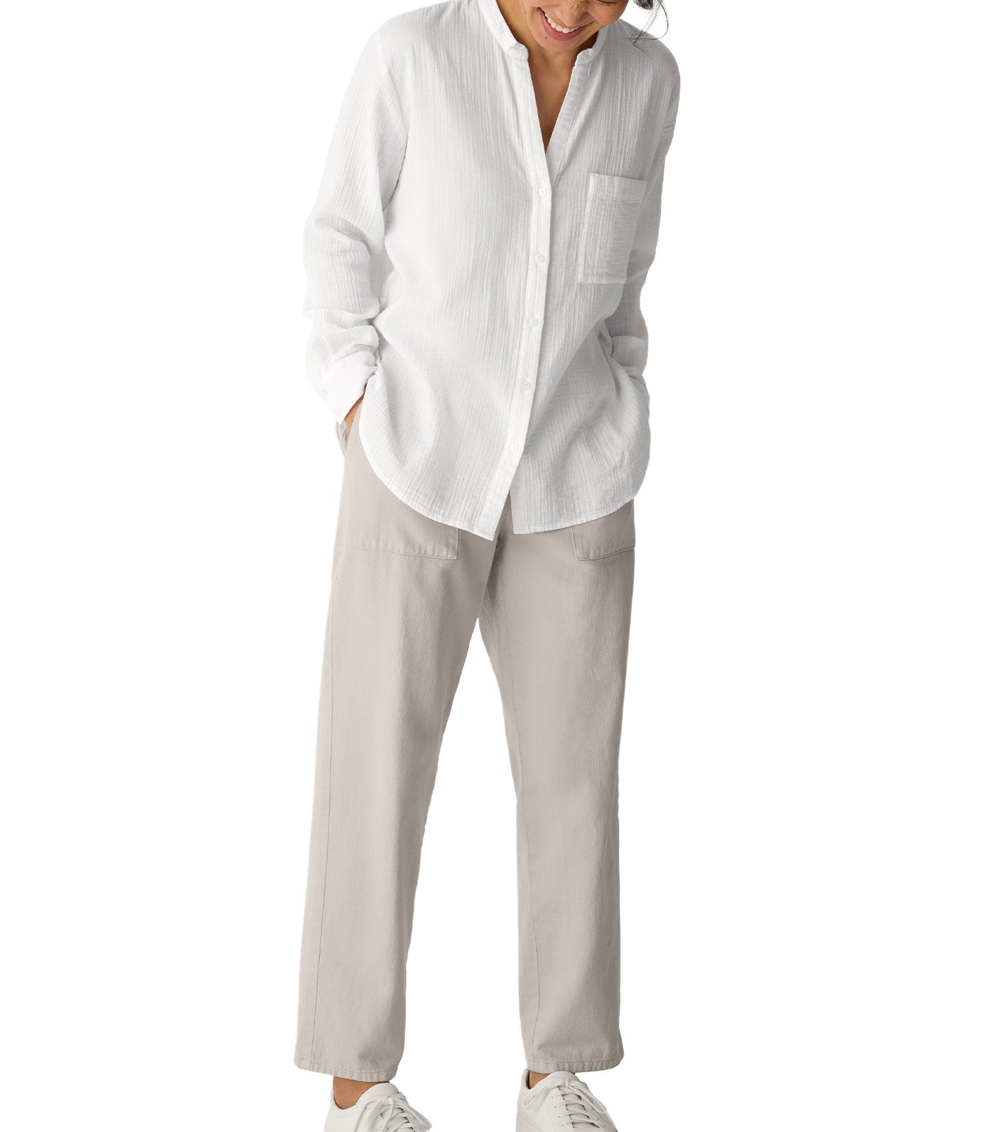 Organic Cotton Ripple Band Collar Shirt White