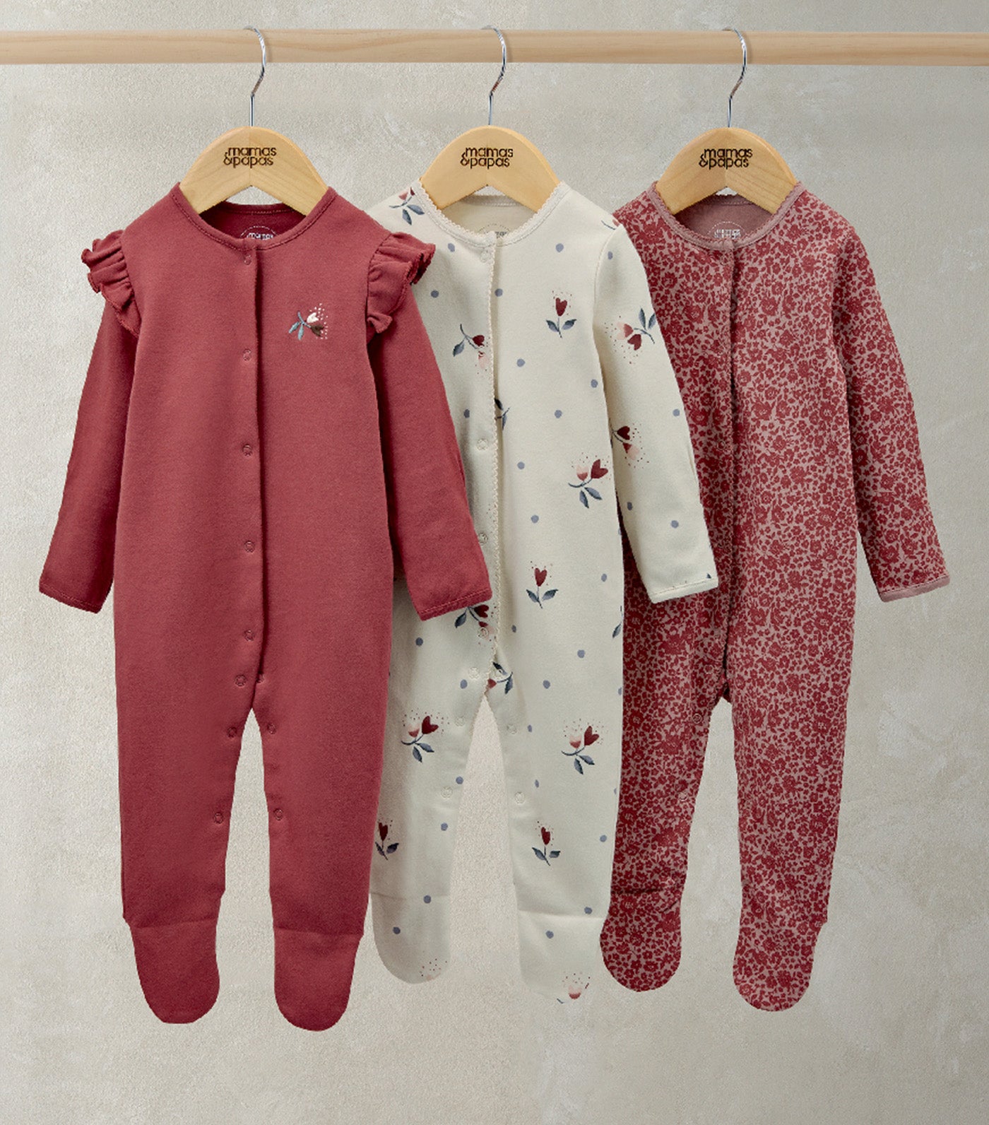 Set of 3 Floral Nostalgic Sleepsuits Red/White