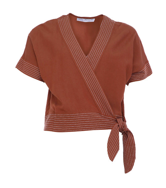 Anne Overlap Blouse with Tie-Side Brown