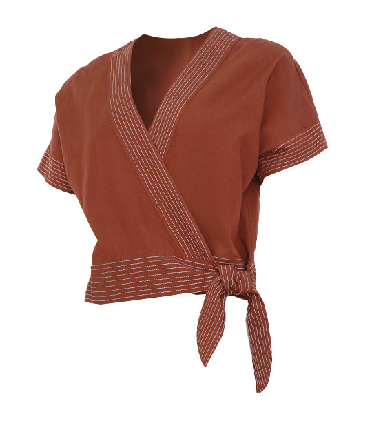 Anne Overlap Blouse with Tie-Side Brown
