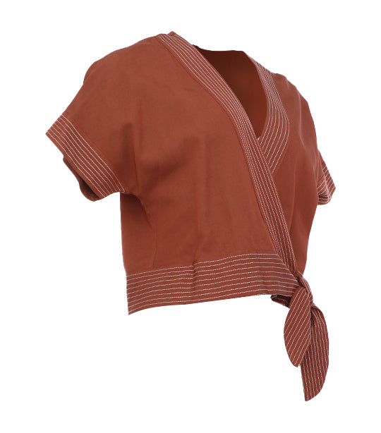 Anne Overlap Blouse with Tie-Side Brown