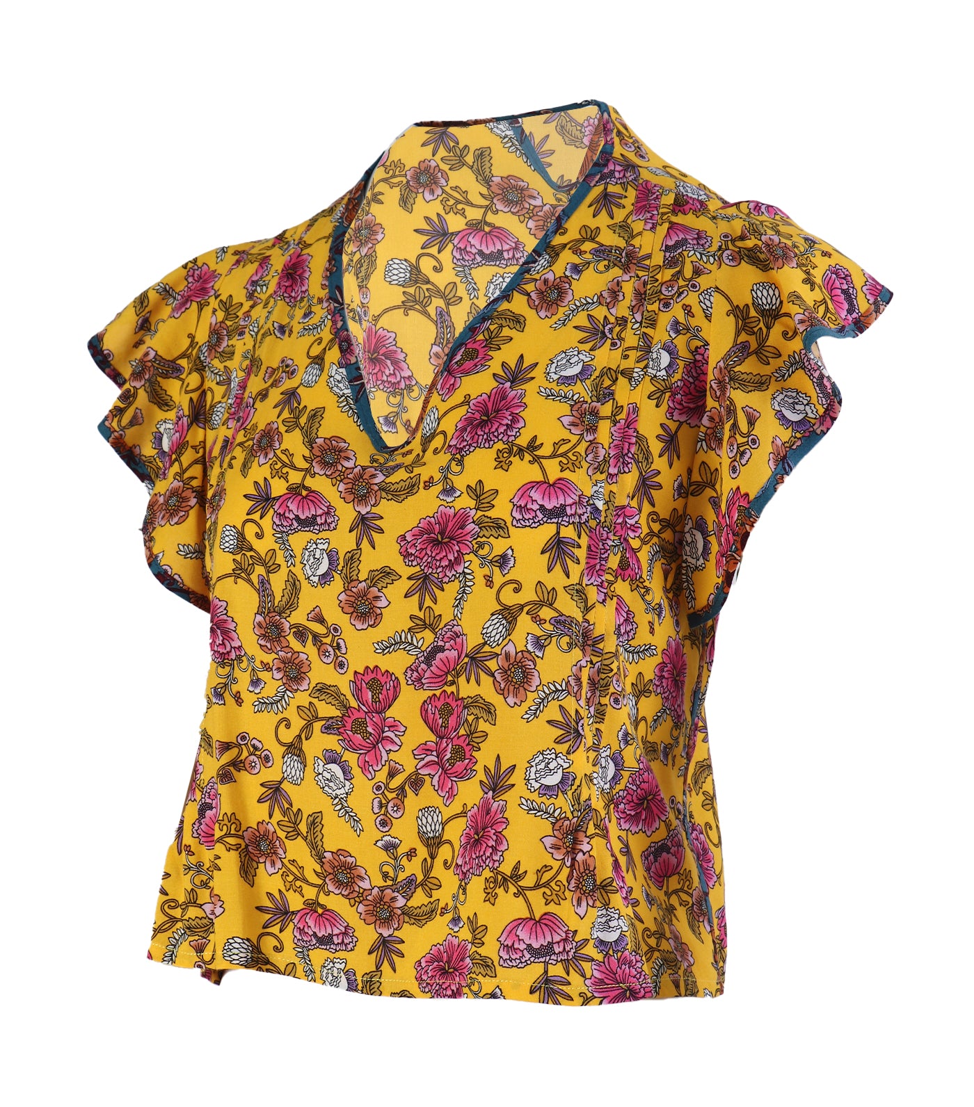 Lotus Resortwear Aloa Multicolor Print Top with Ruffle Sleeves Yellow