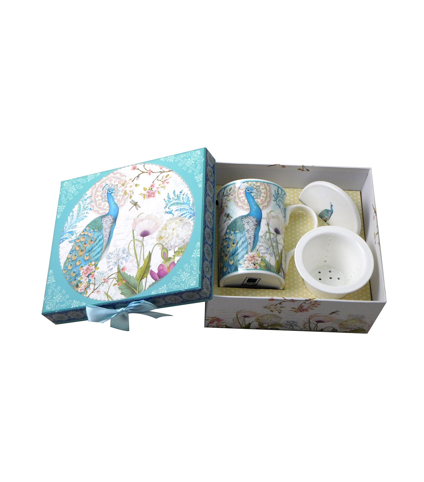 Sugarplum Lifestyle Resplendent Peacock Collection 3-Piece Set Porcelain Tea Mug Set with Strainer and Lid