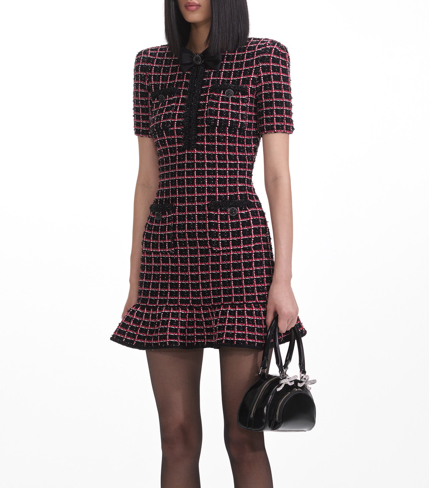 Check Knit Mini Dress Black and Red