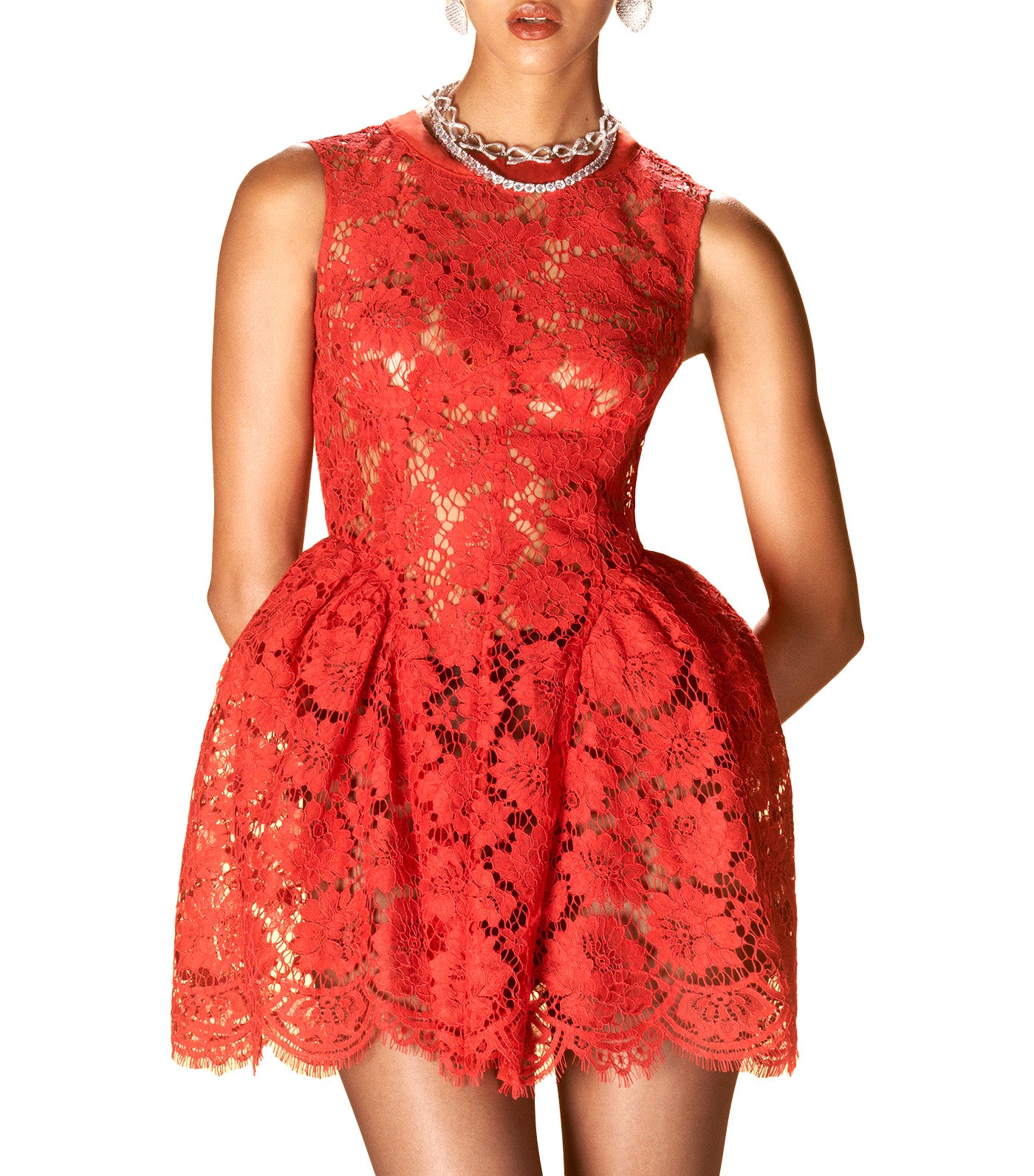 Fine Lace Pearl Mini Dress Red