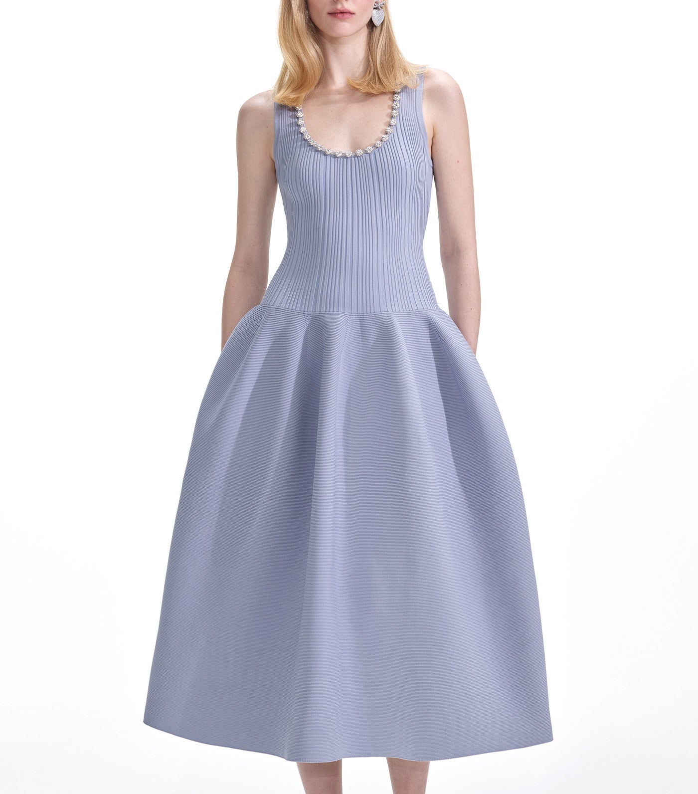 Ribbed Knit Diamante Midi Dress Blue