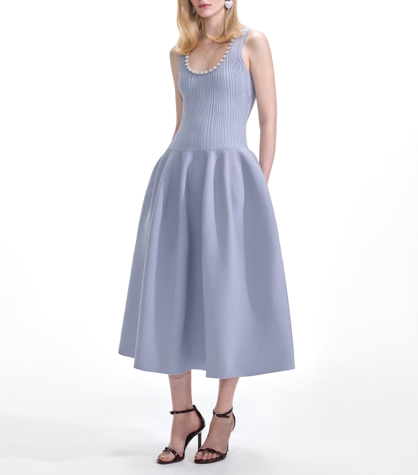 Ribbed Knit Diamante Midi Dress Blue