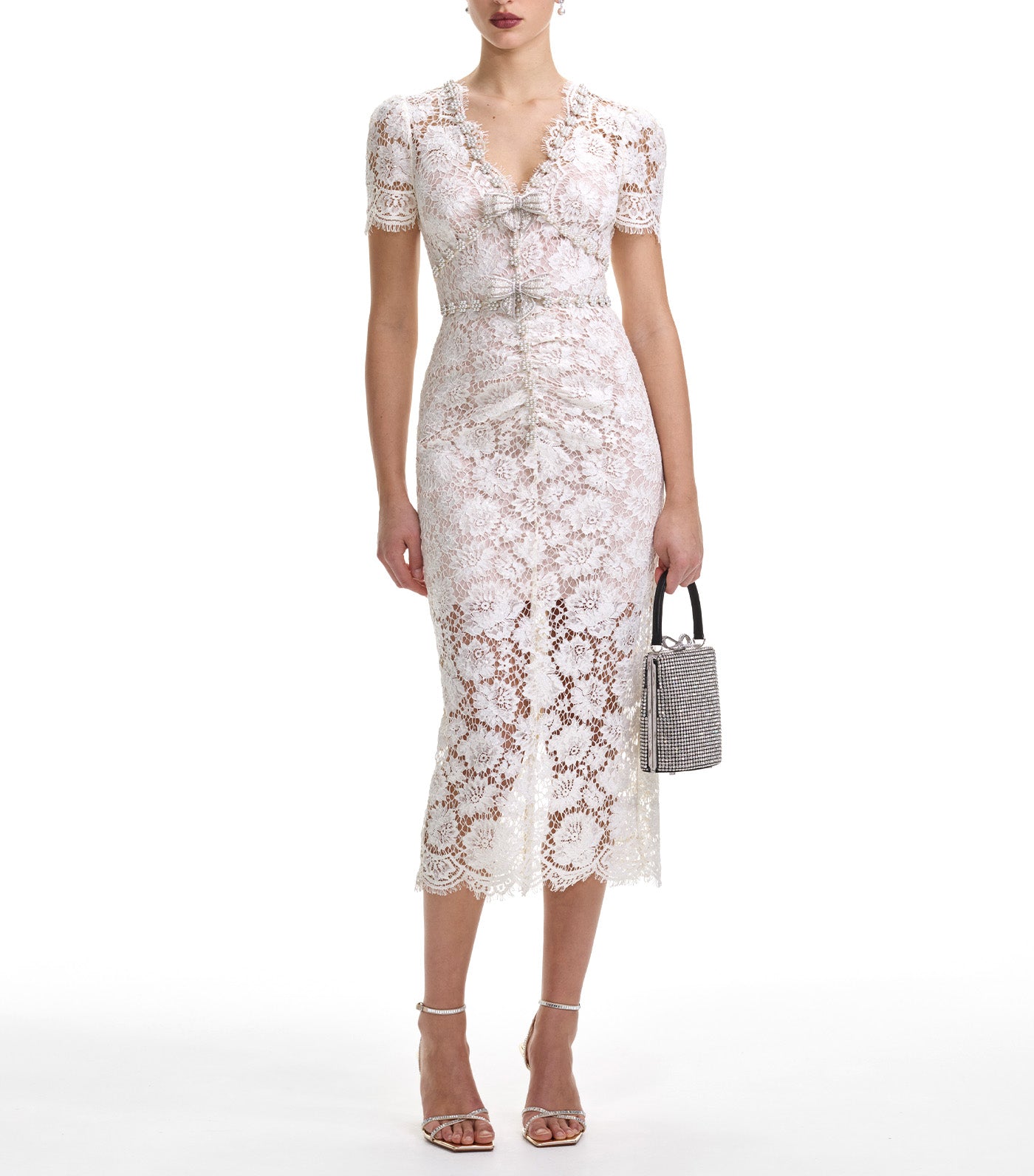 Fine Lace Pearl Midi Dress Cream