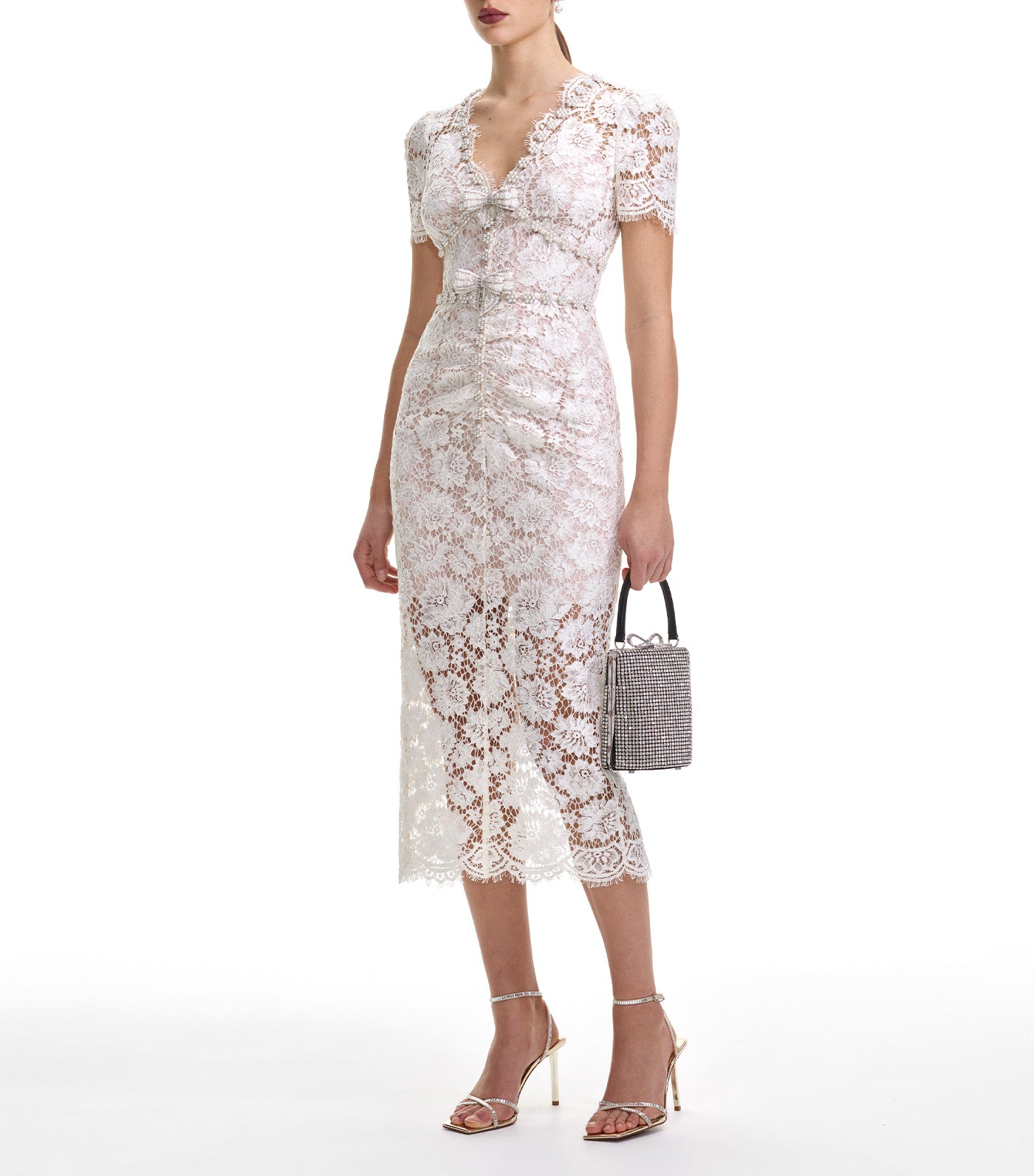 Fine Lace Pearl Midi Dress Cream