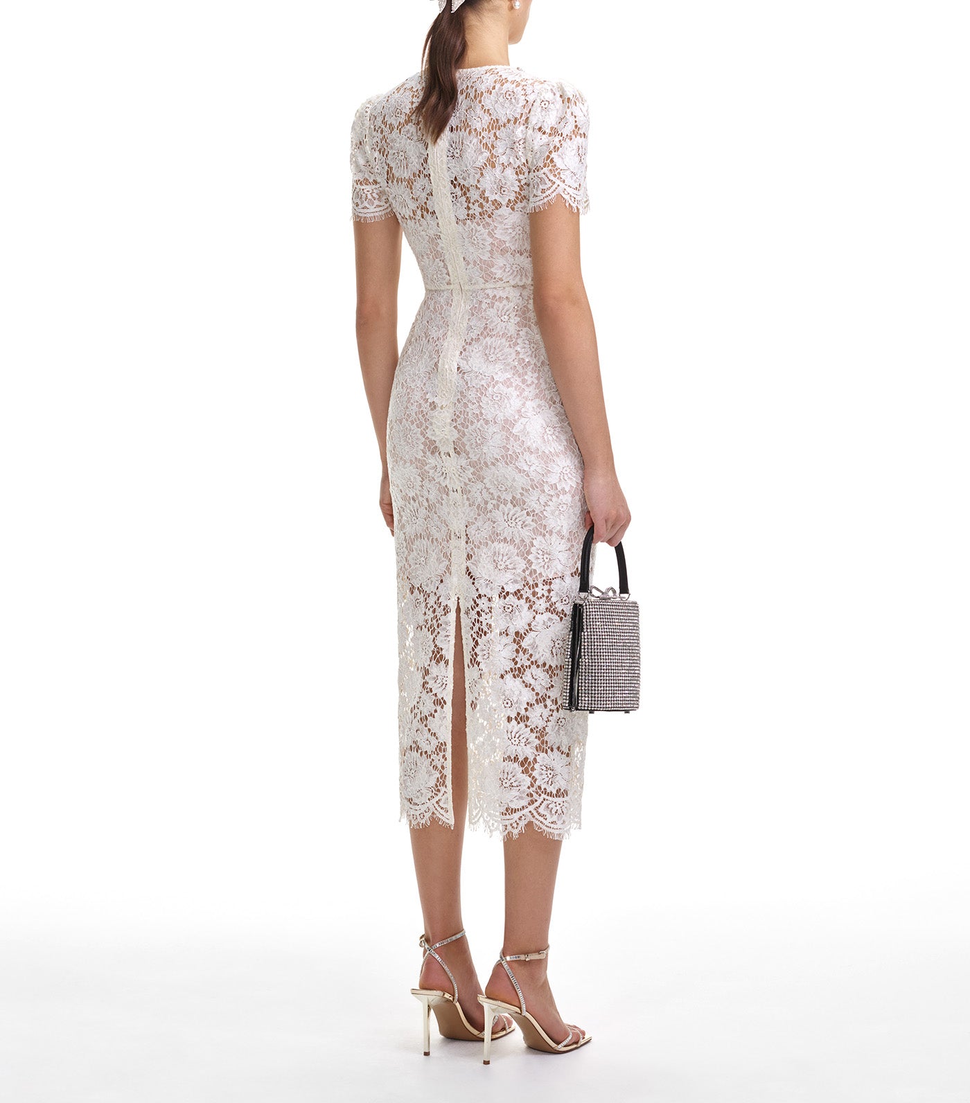Fine Lace Pearl Midi Dress Cream