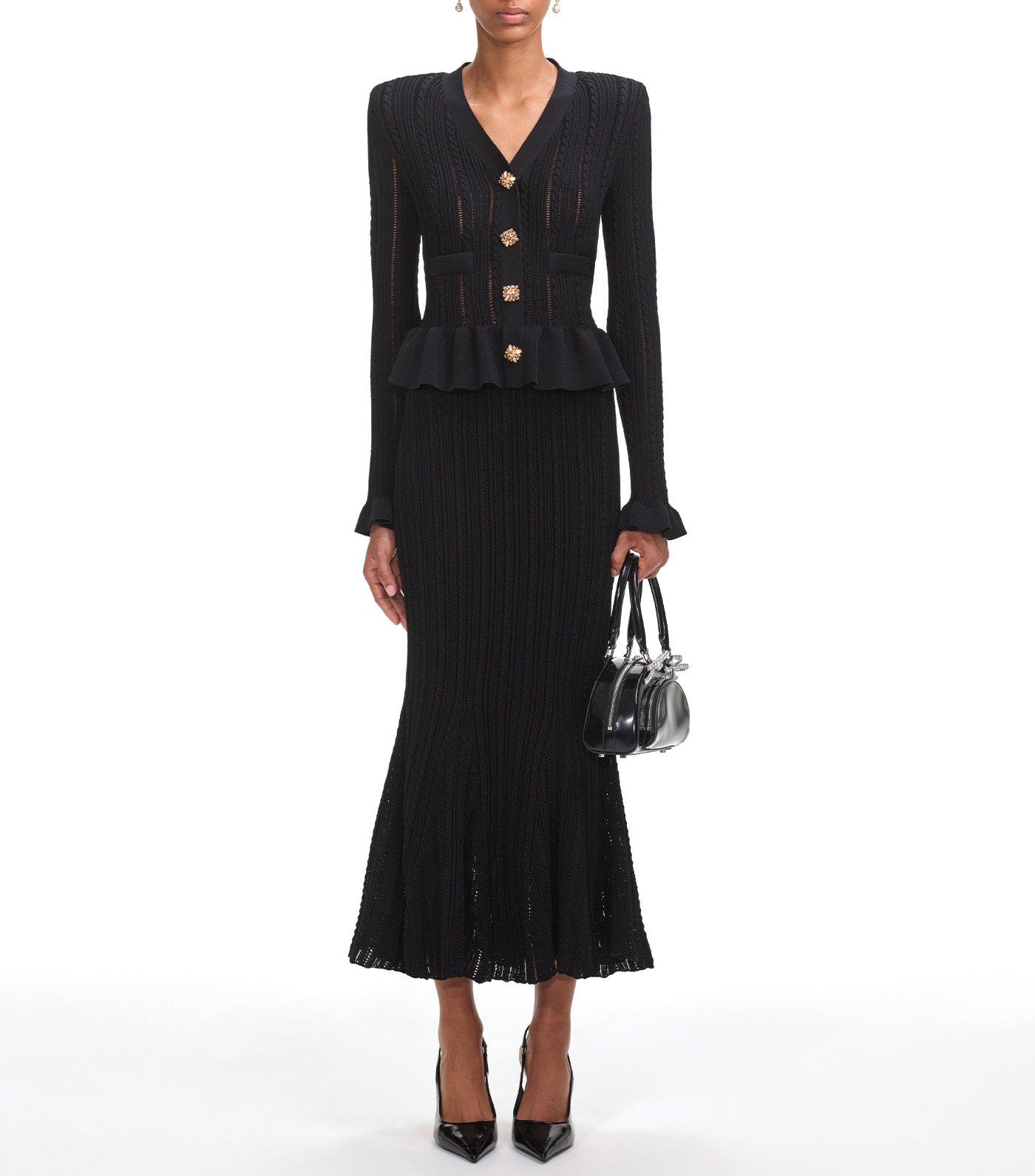 Knit Peplum Midi Dress Black