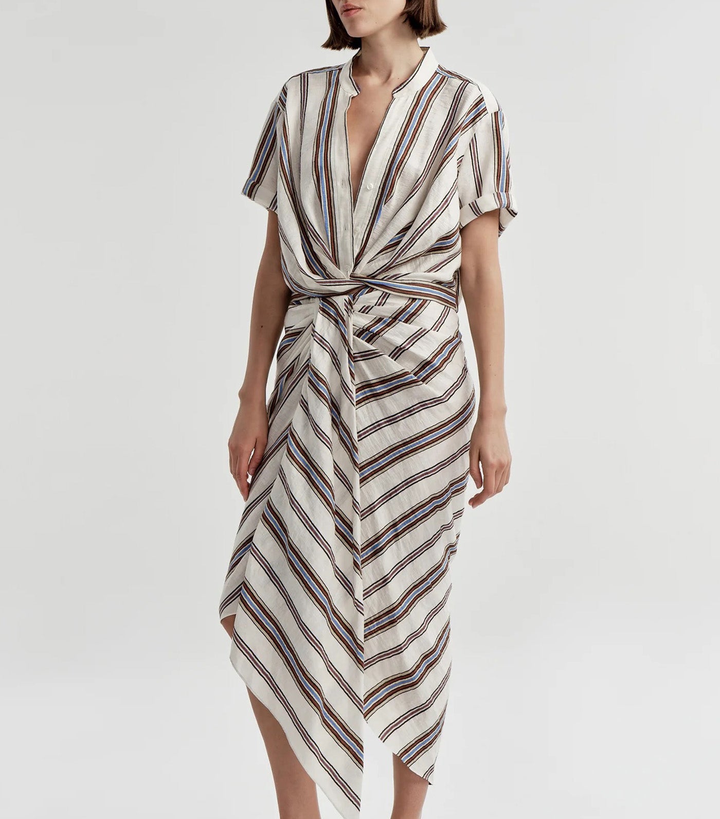 Leonore Short Sleeve Striped Linen Shirt Panna Multi