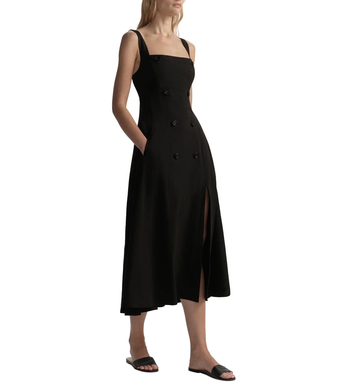 Hayes Button Front Linen Midi Dress Black