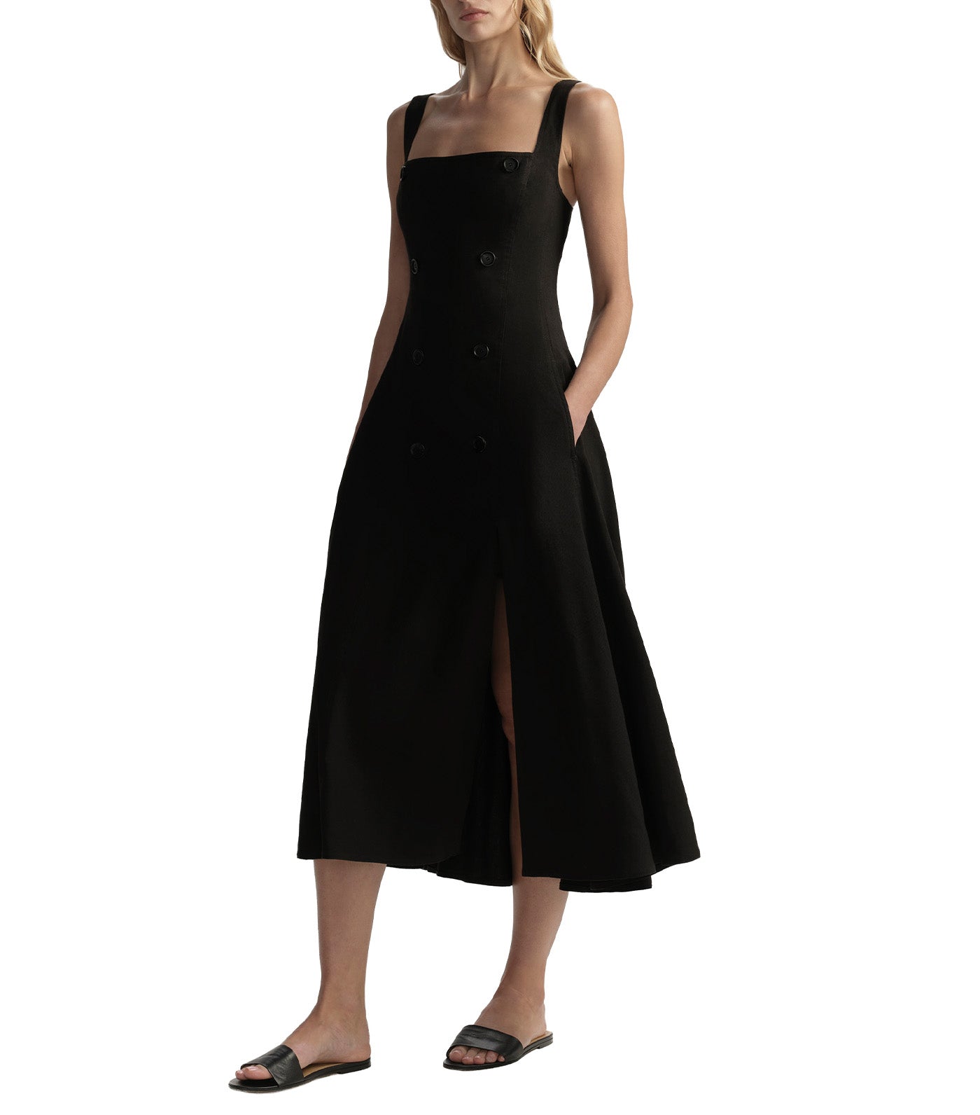Hayes Button Front Linen Midi Dress Black
