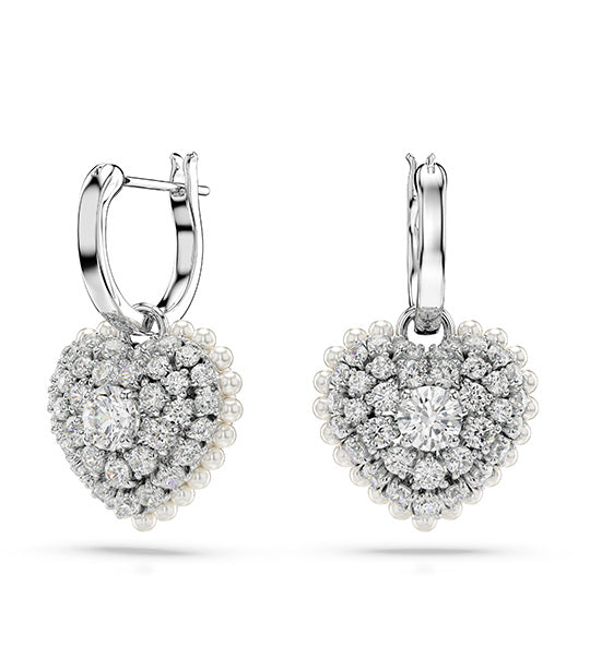 Hyperbola Drop Earrings Heart, White, Rhodium Plated