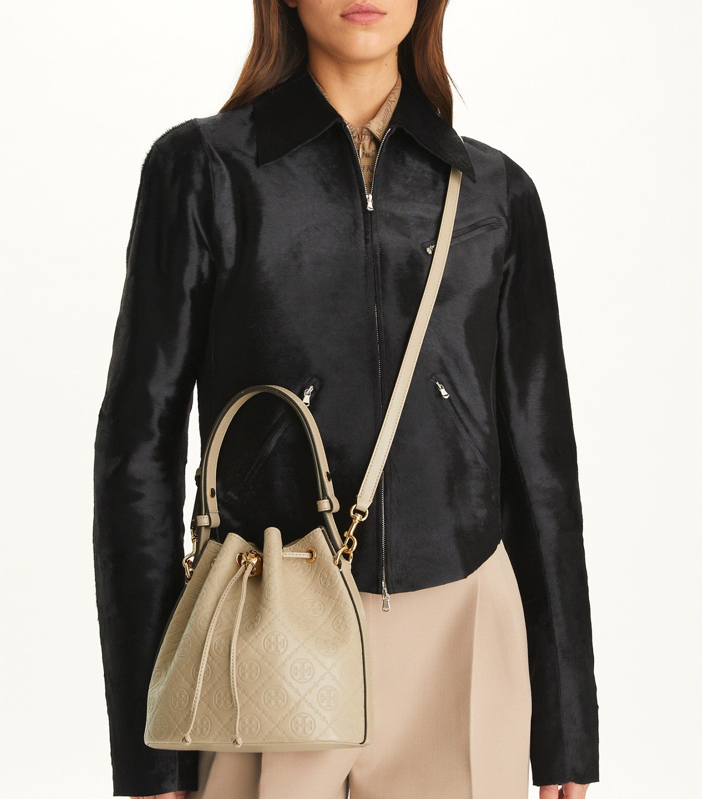 T Monogram Leather Bucket Bag