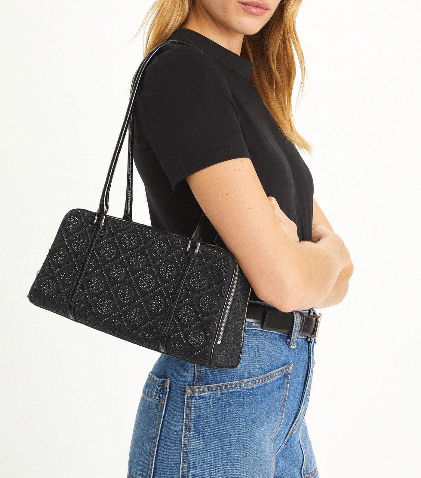 Small T Monogram Embellished Marshmallow Satchel Black