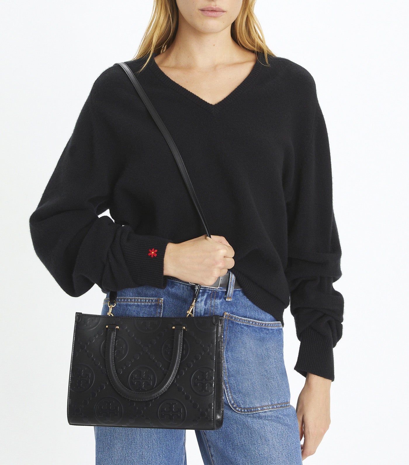 T Monogram Top-Handle Embossed Tote Black