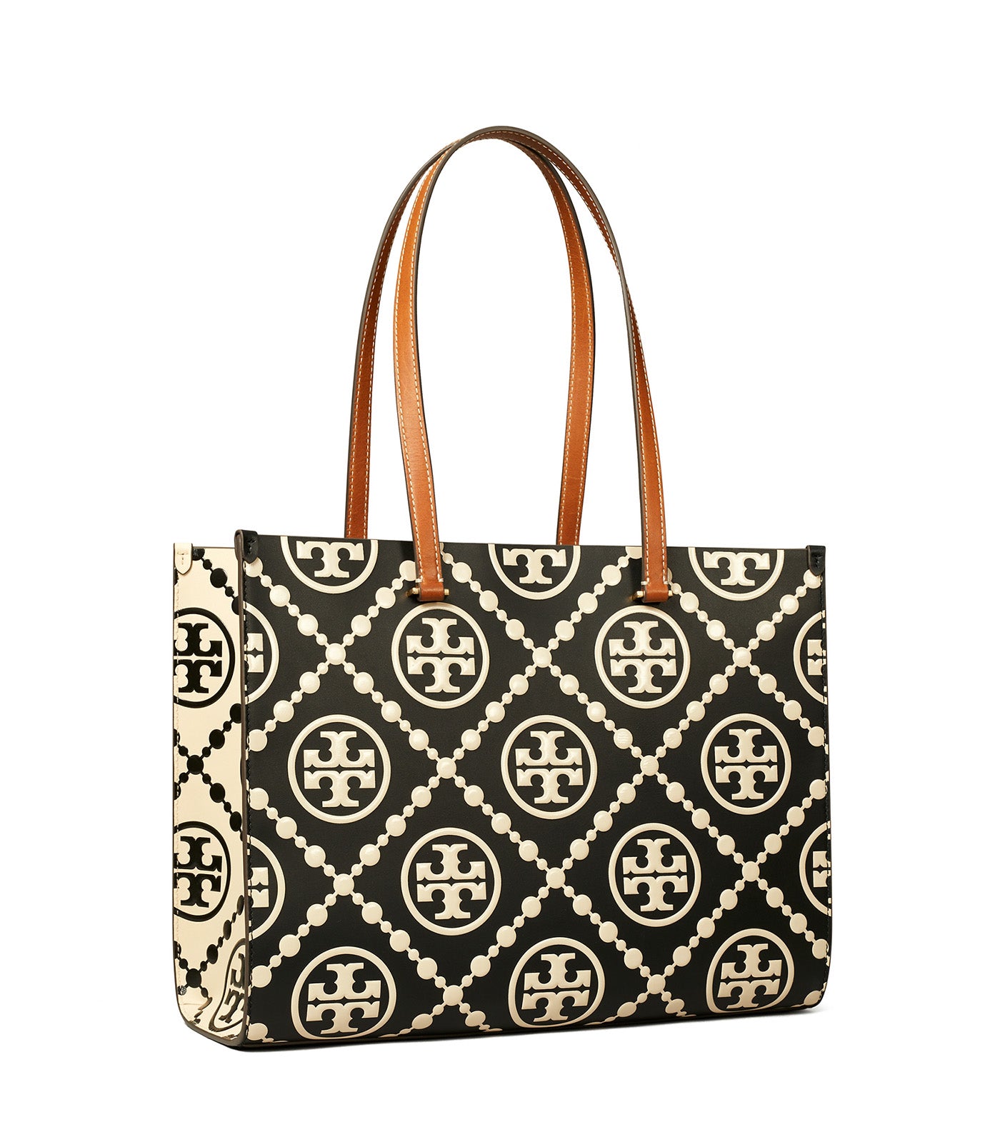 T Monogram Contrast Embossed Tote Black/White