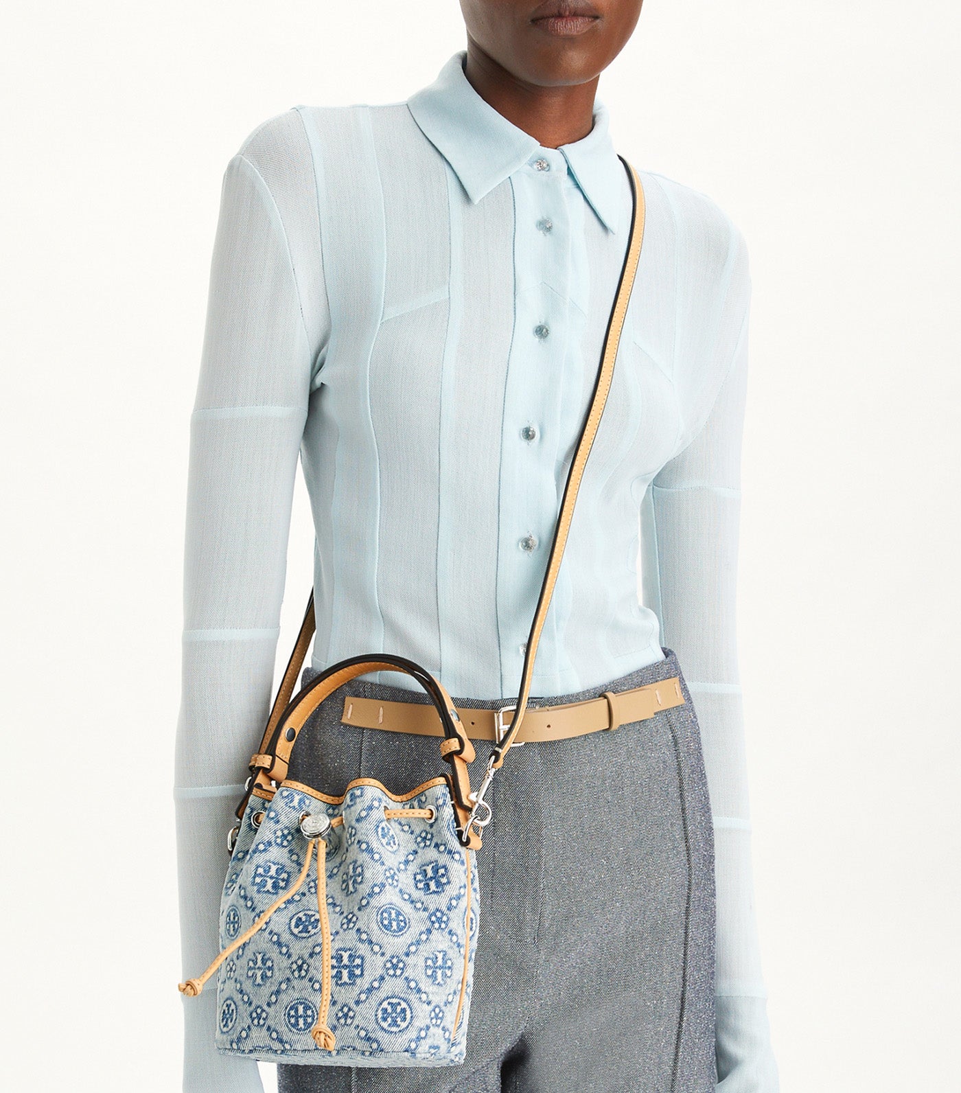 T Monogram Denim Mini Bucket Bag Powder Blue