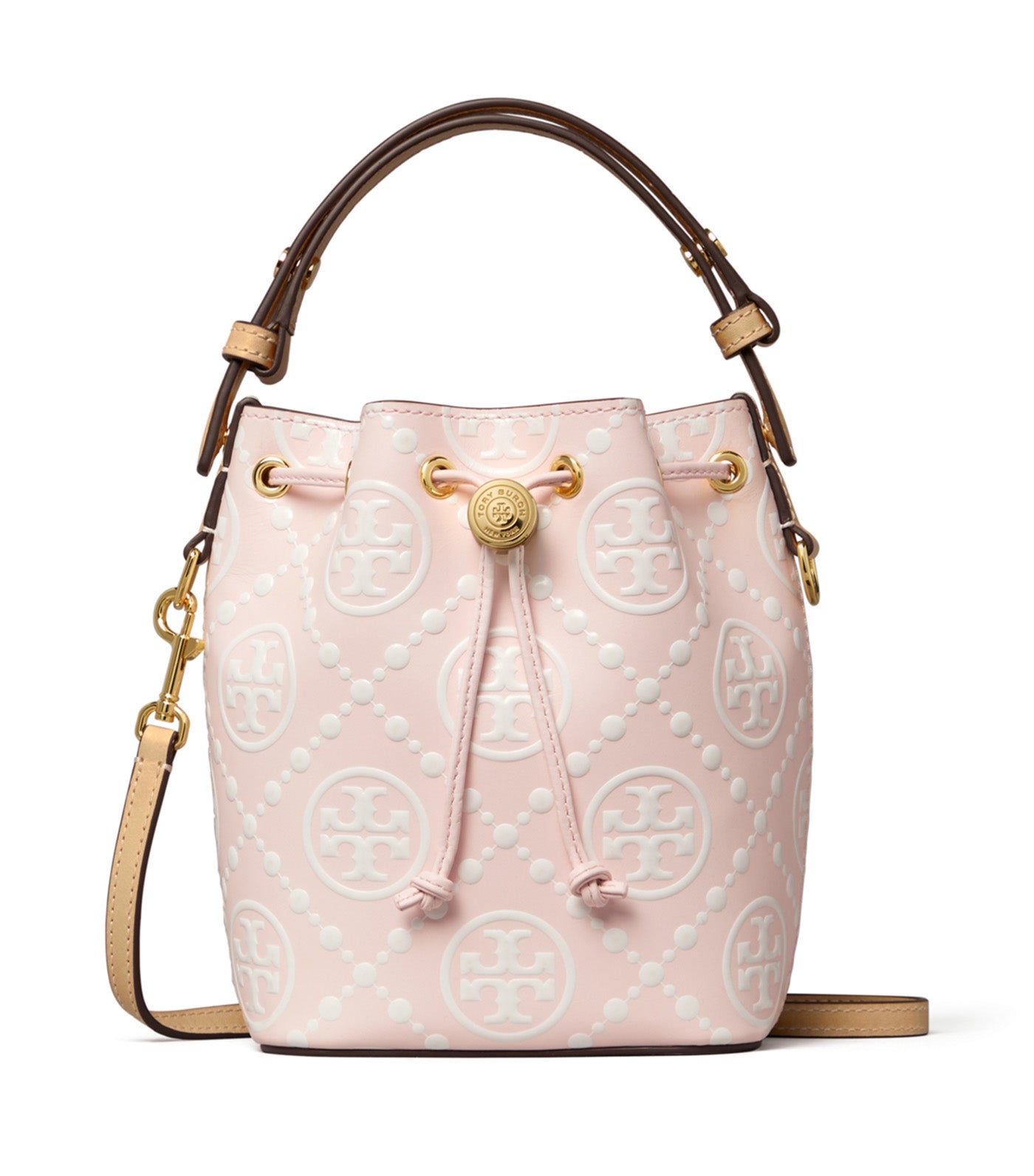 T Monogram Contrast Embossed Mini Bucket Bag Powder Pink