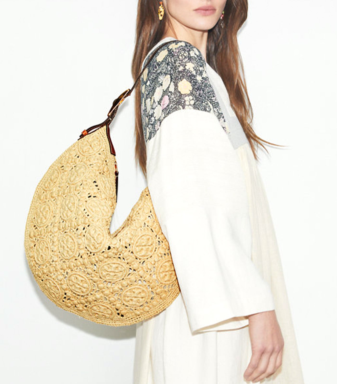 T Monogram Raffia Balloon Bag Natural