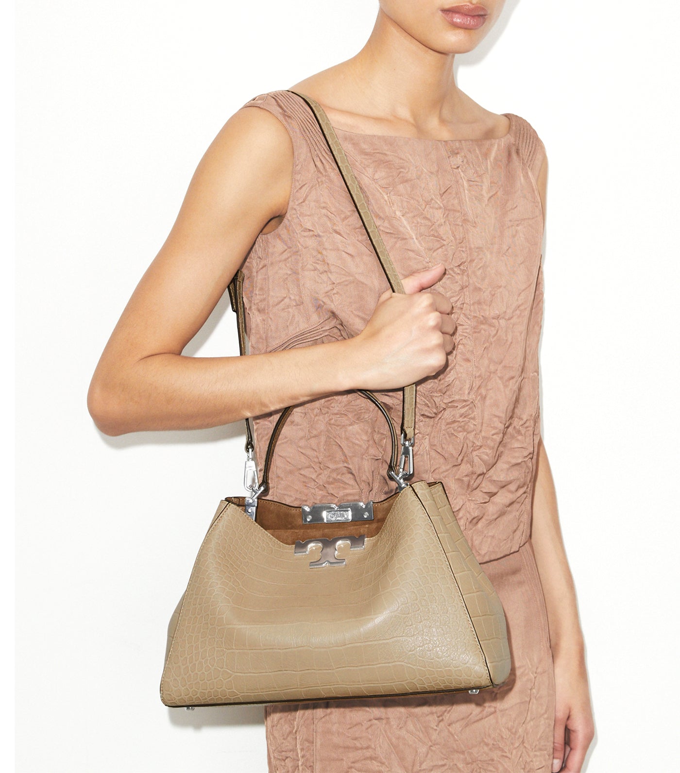 Eleanor Soft Croc-Embossed Satchel Ginger Leaf