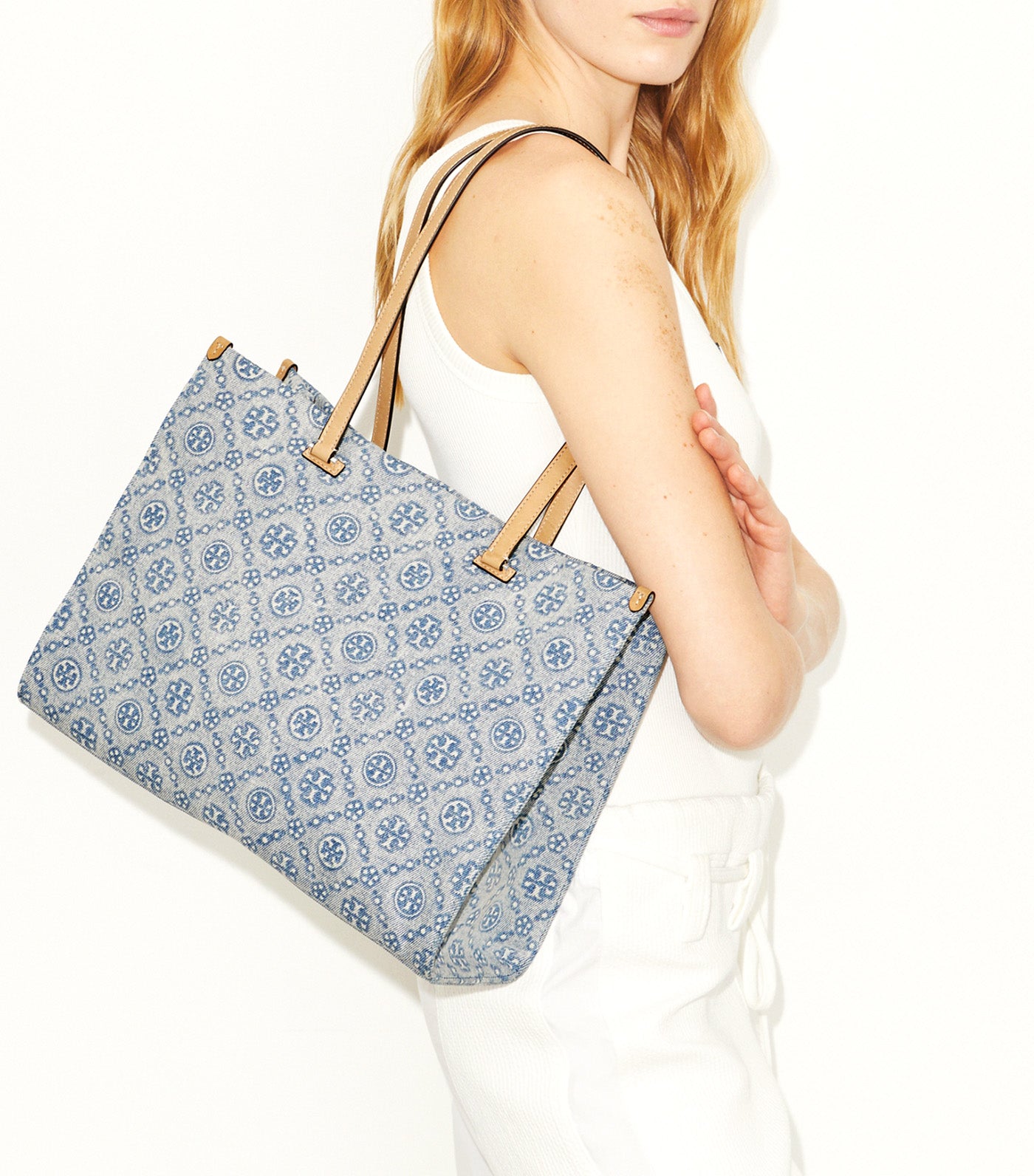 T Monogram Denim Tote Powder Blue