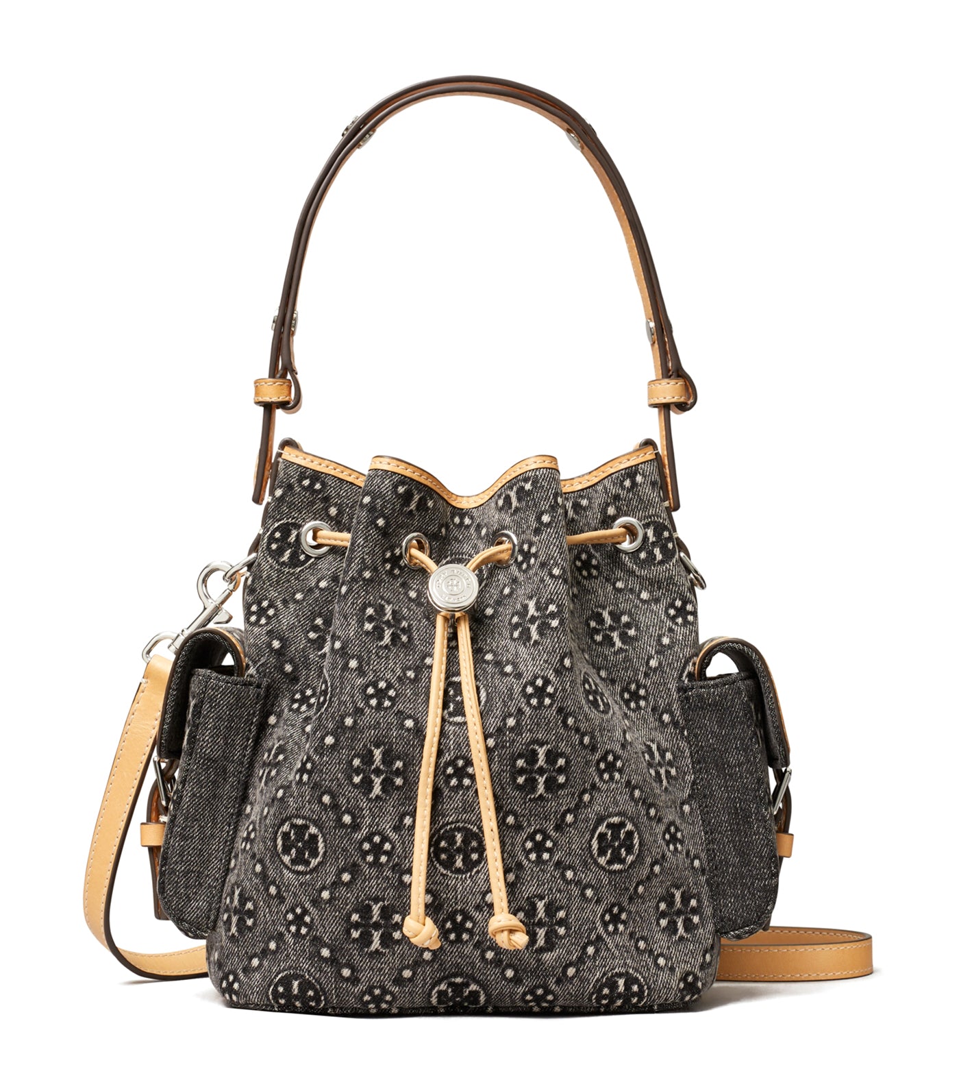T Monogram Denim Bucket Bag with Pockets Black