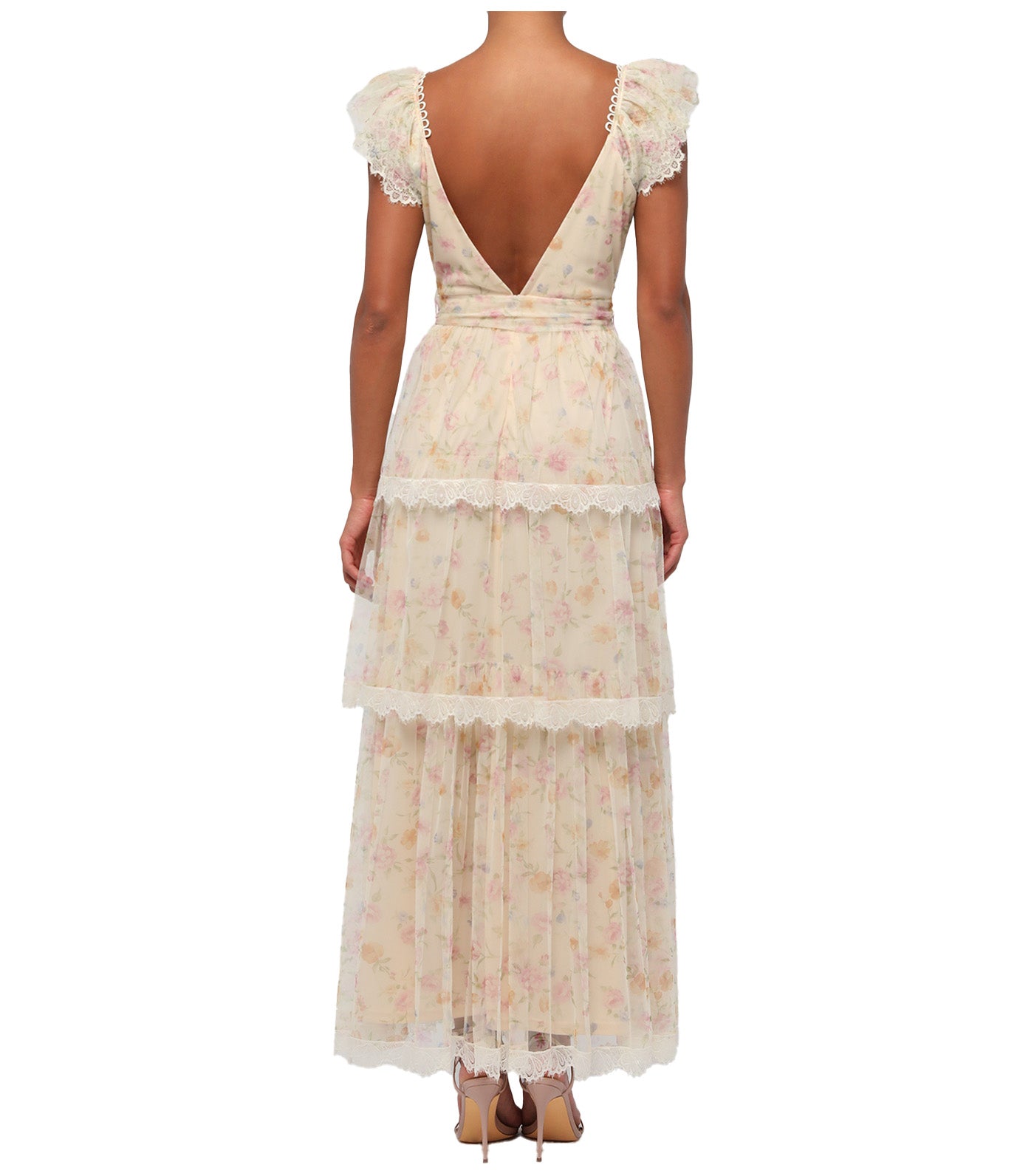 Lucia Lace Tiered Maxi Dress Taupe Floral