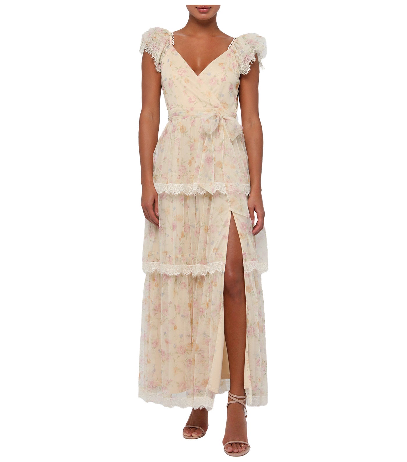 Lucia Lace Tiered Maxi Dress Taupe Floral