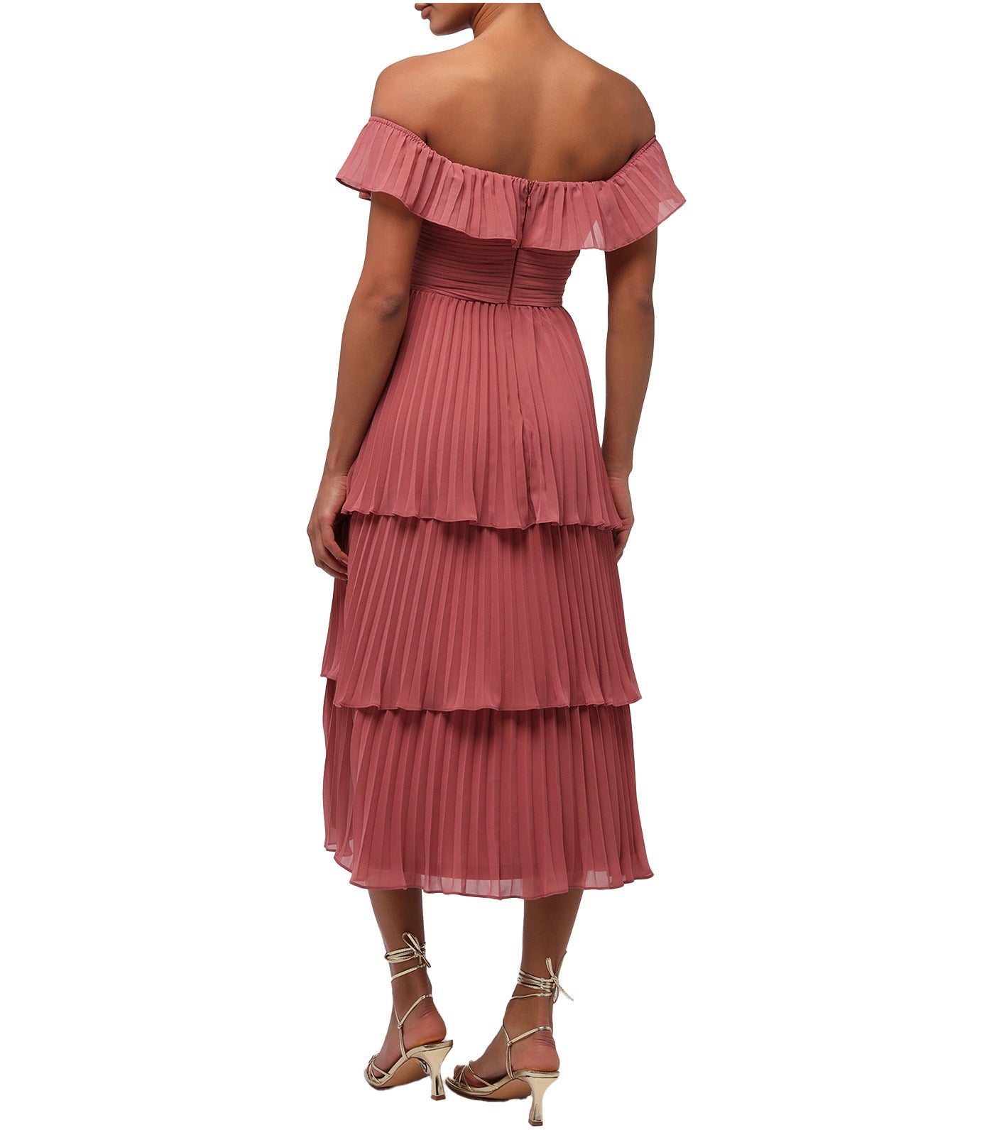 Mila Off The Shoulder Pleated Chiffon Midi Dress Dusty Rose