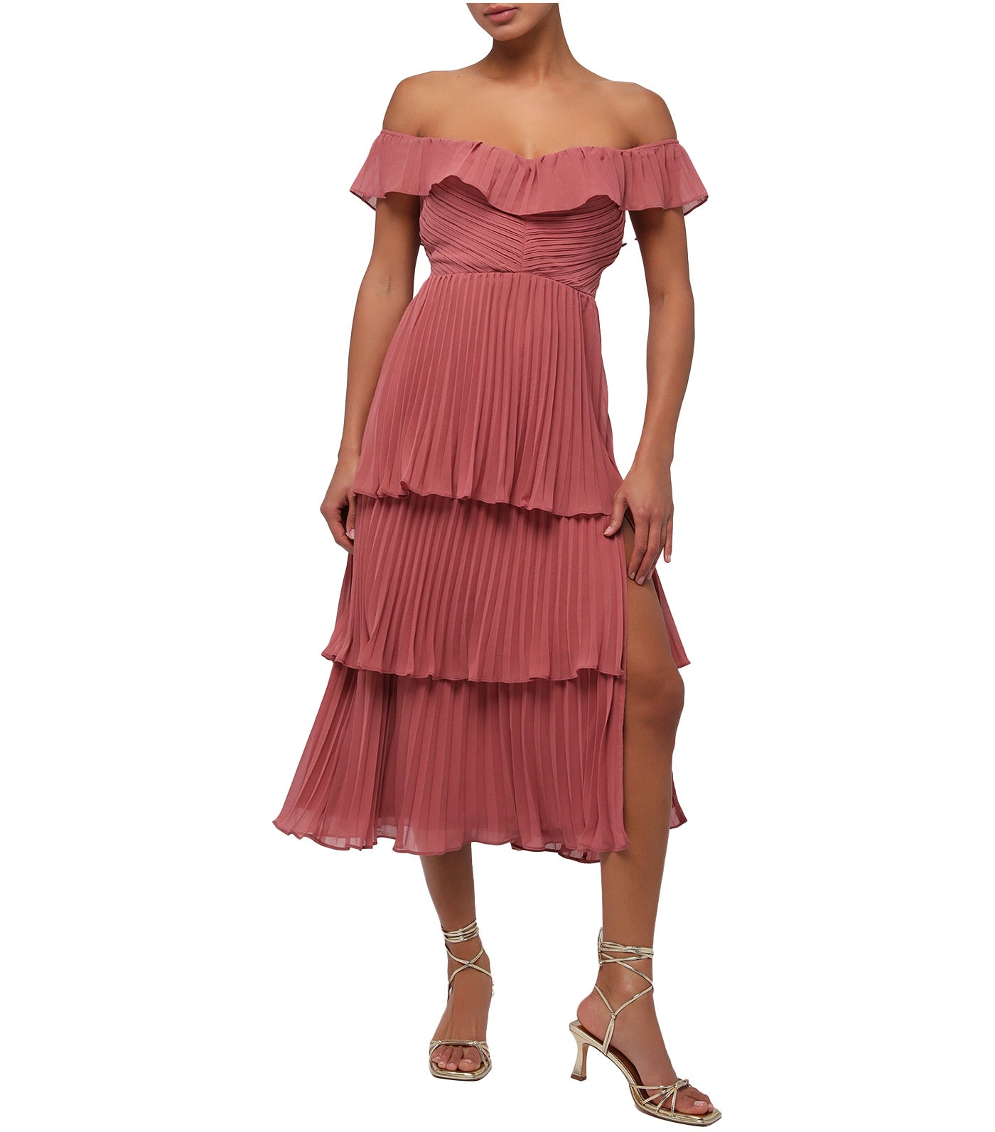 Mila Off The Shoulder Pleated Chiffon Midi Dress Dusty Rose