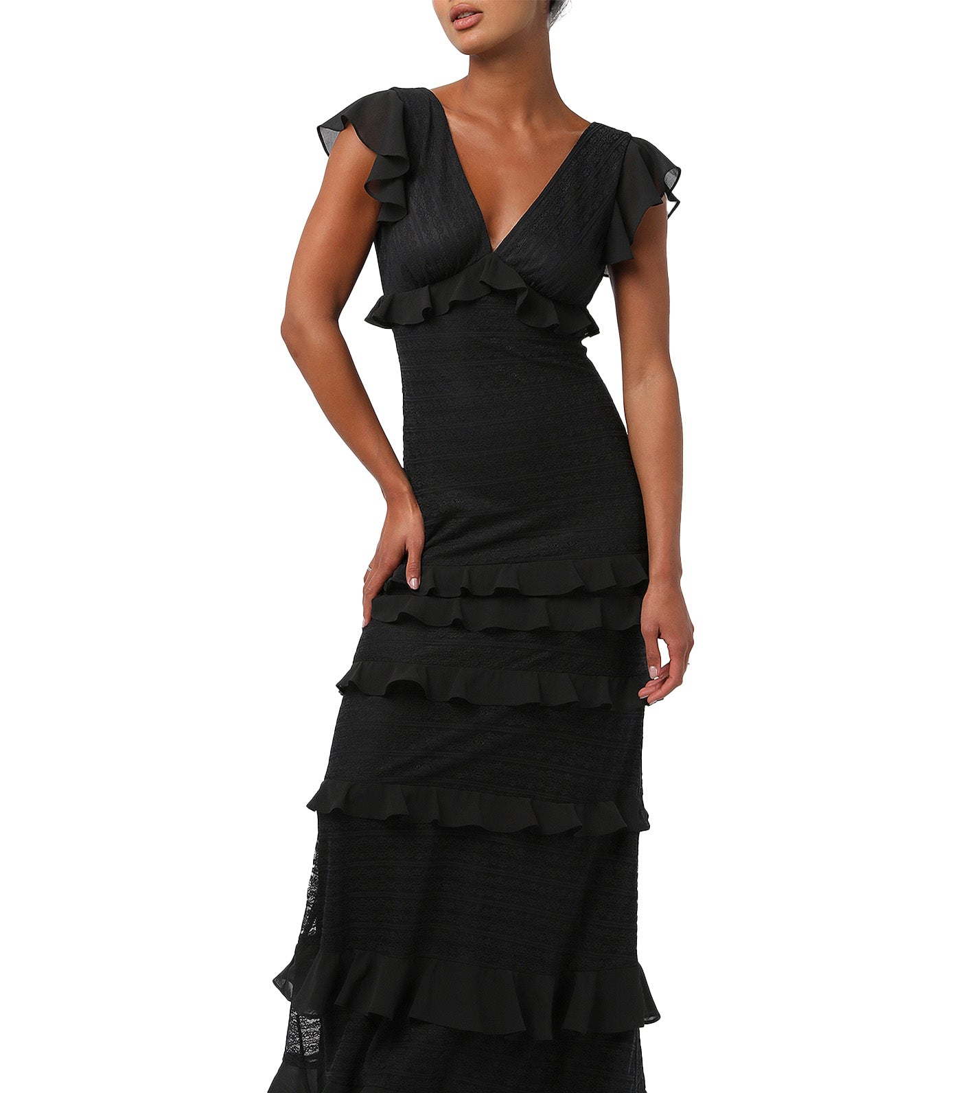 Lulus Nyra Lace Ruffle Maxi Dress Black