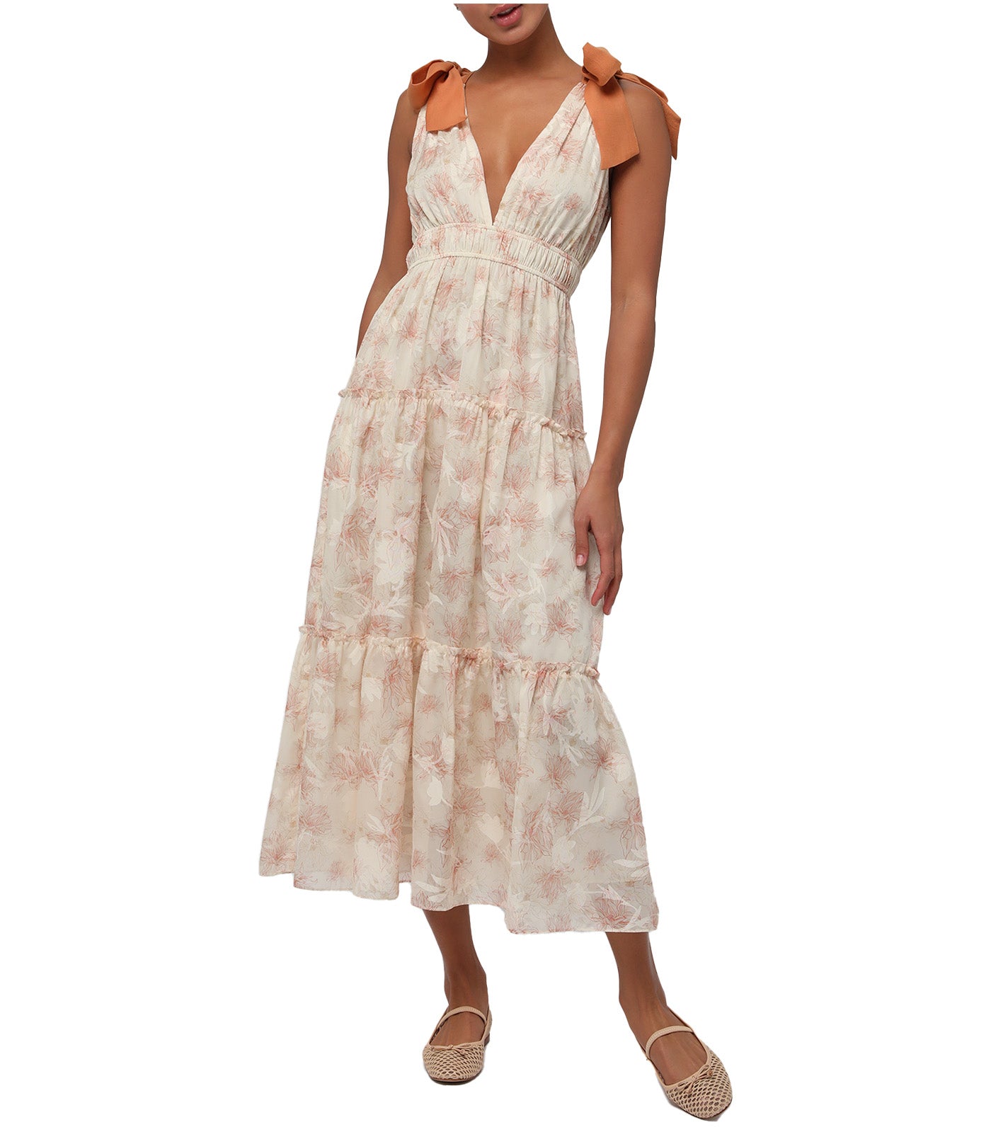 Lotus Bow Shoulder Midi Dress Peach Floral