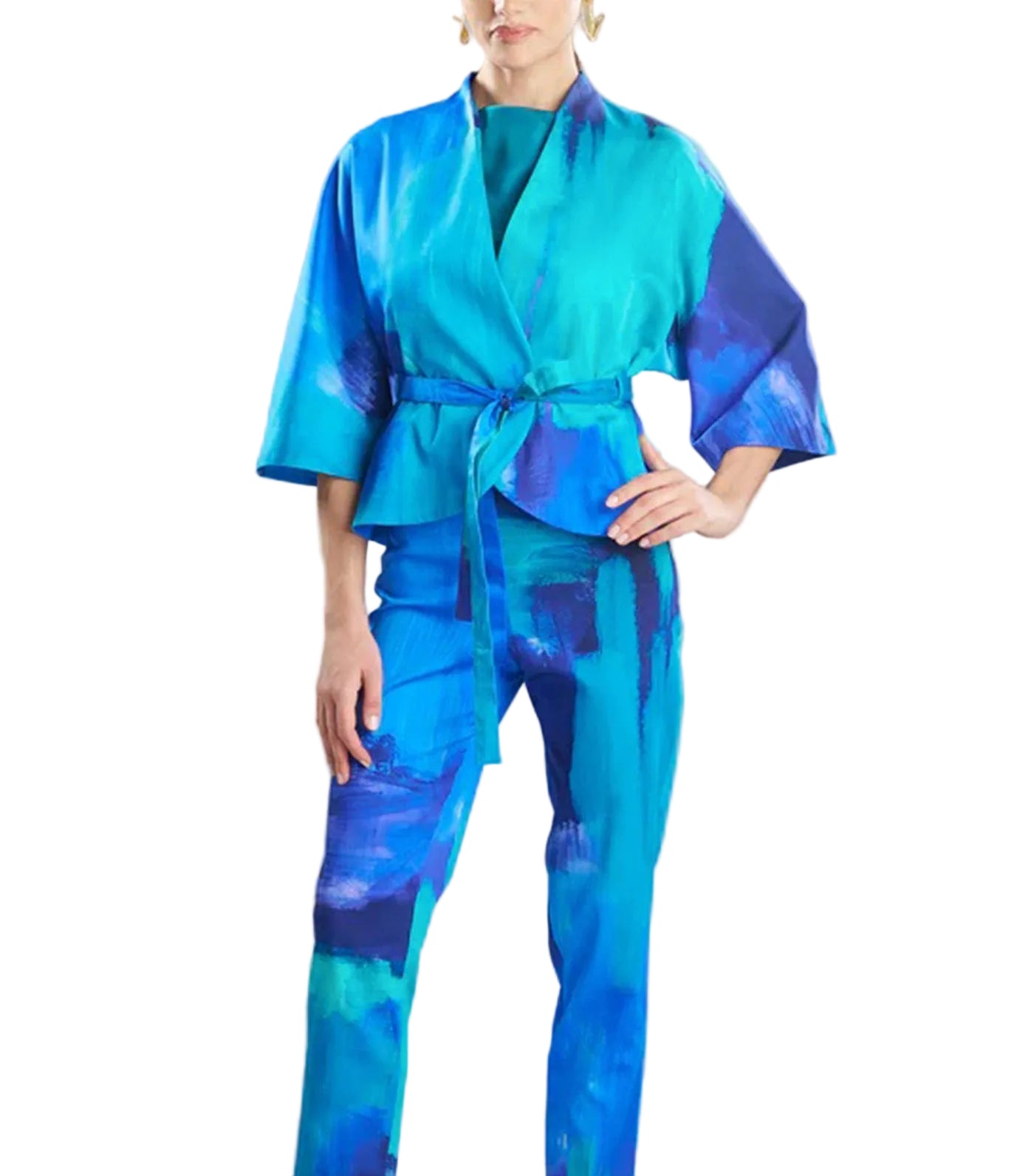 Brushstroke Cotton Chino Belted Kimono Jacket Blue
