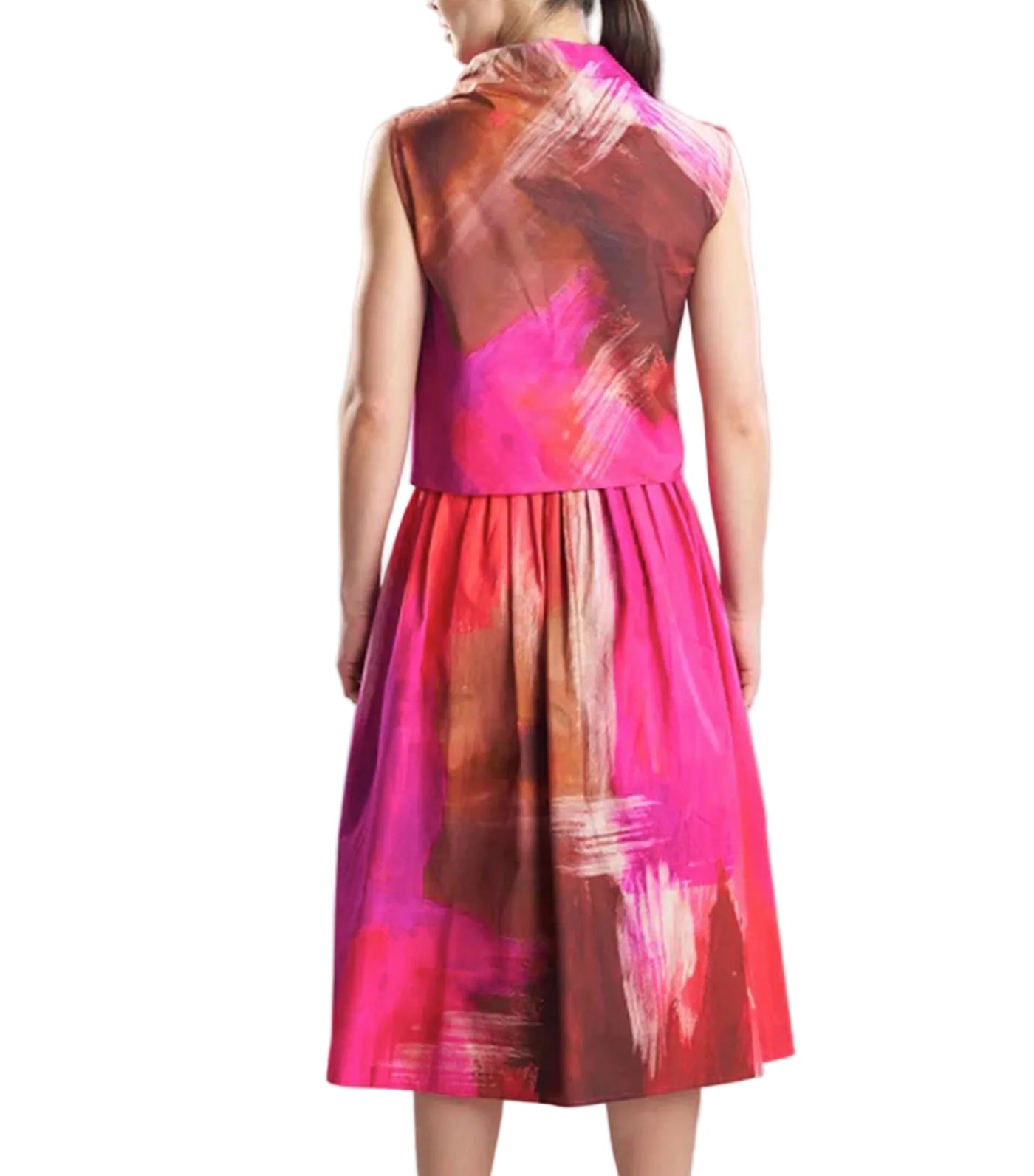 Brushstroke Cotton Taffeta Asymmetric Funnel Neck Top Magenta
