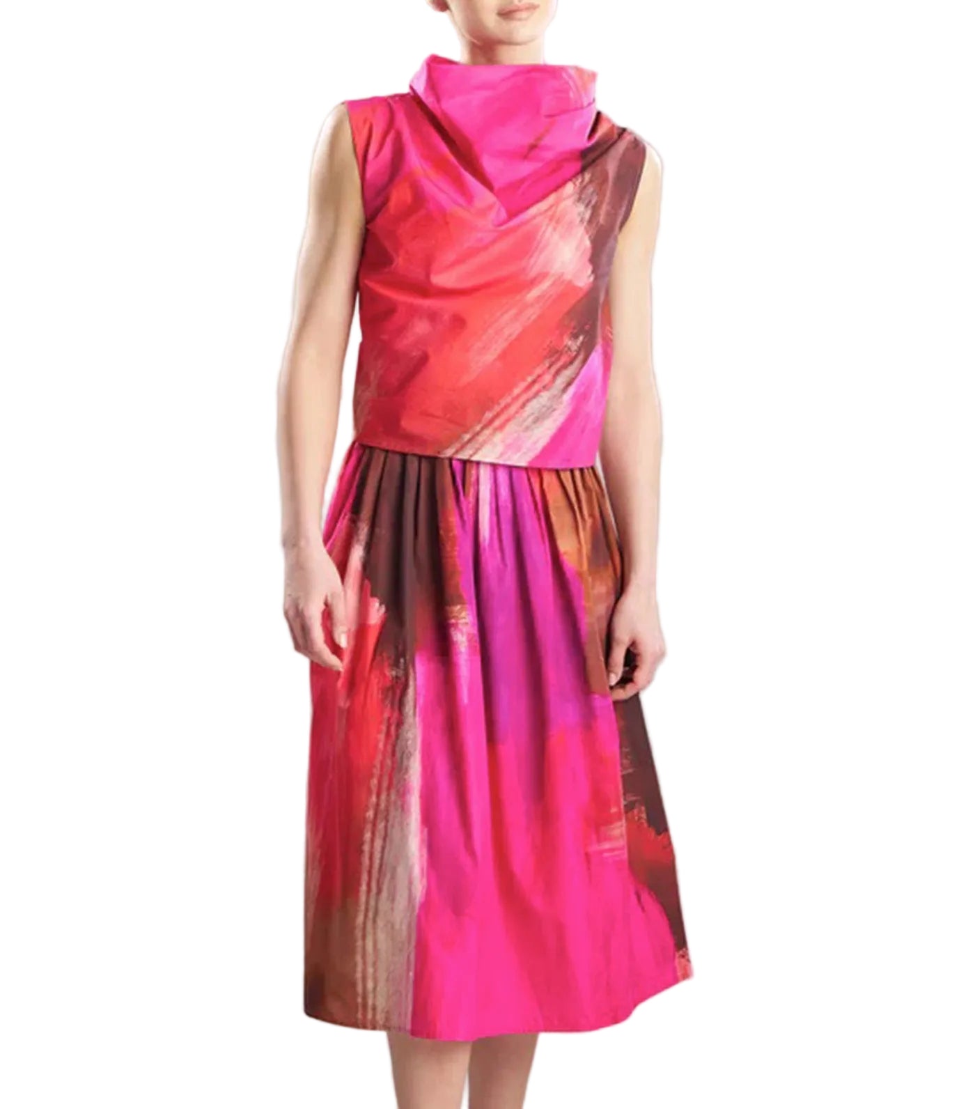 Brushstroke Cotton Taffeta Asymmetric Funnel Neck Top Magenta