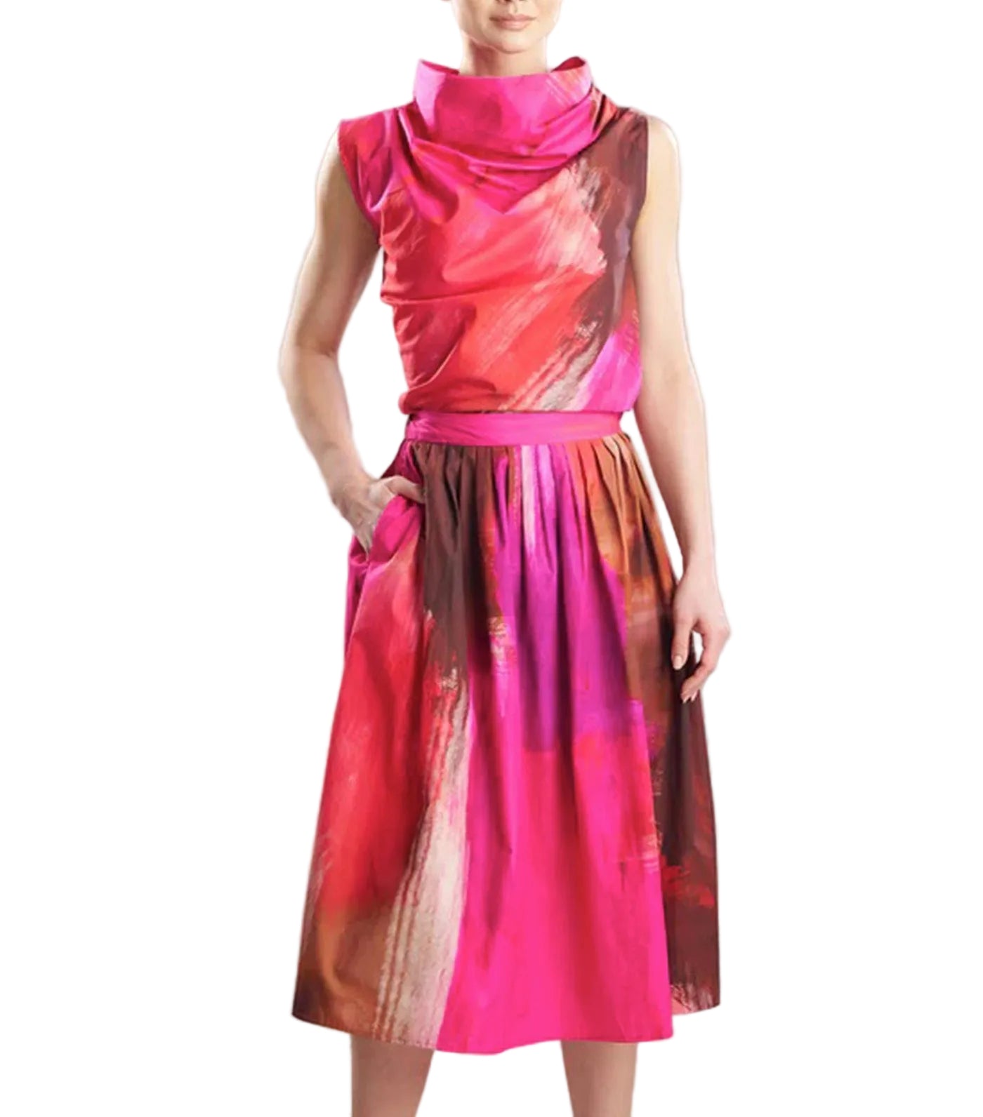 Natori Brushstroke Cotton Taffeta Pull-On Midi Skirt Magenta