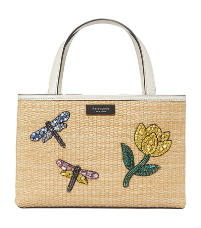 Sam Icon Dragonfly Embellished Straw Small Tote Natural Multi