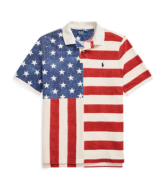 Men's Classic Fit Flag-Print Mesh Polo Shirt Antique Cream Multi
