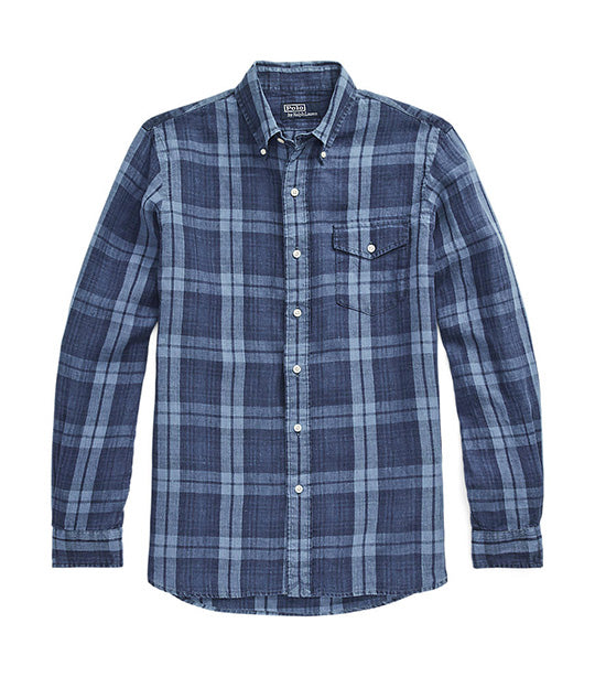 Men's Classic Fit Plaid Indigo Linen Shirt Indigo Multi