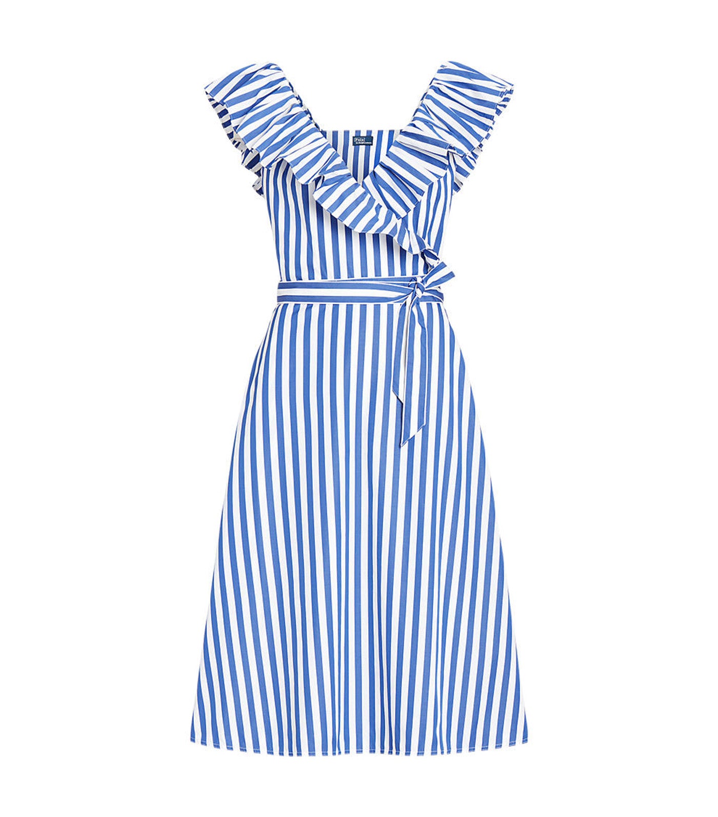 Women's Striped Ruffled Cotton Wrap Dress Ivory/Royal Stripe