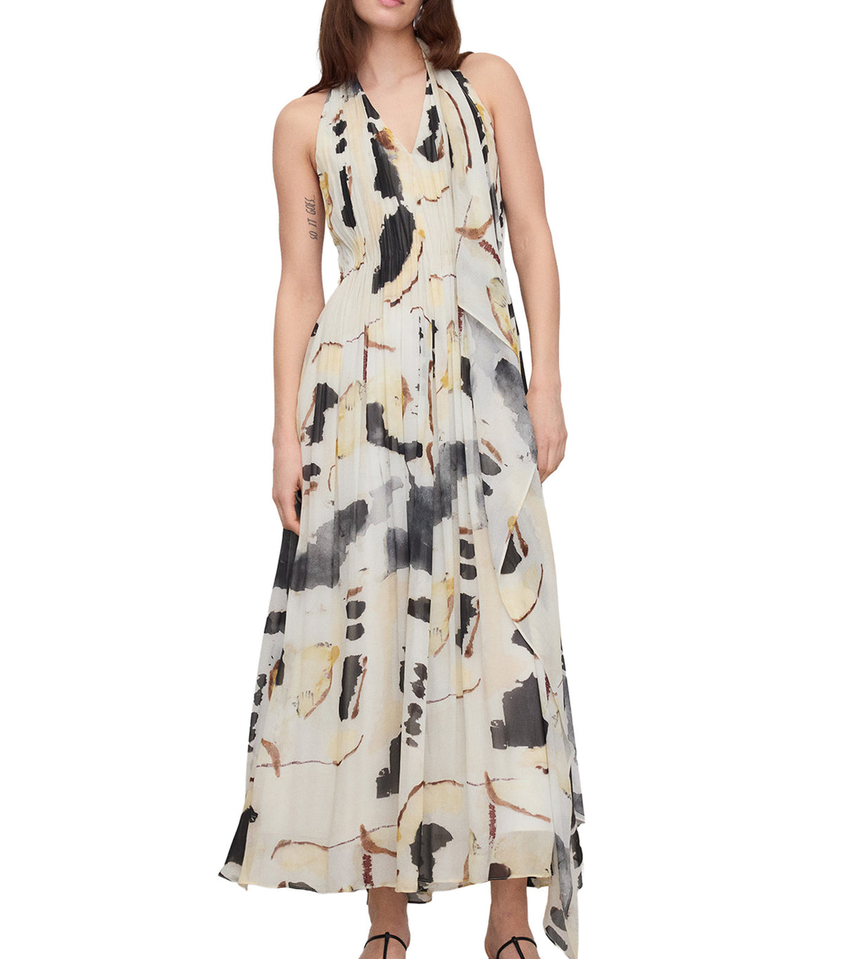 Scarf-Collar Printed Long Dress Flower Stamped