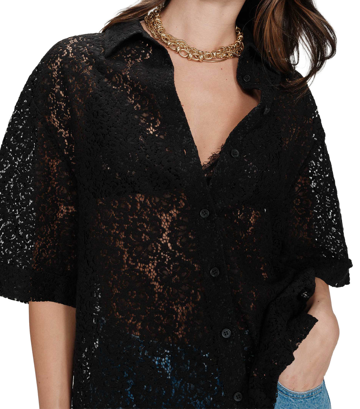 Vendel Sheer Three-Quarter-Sleeved Lace Shirt Black