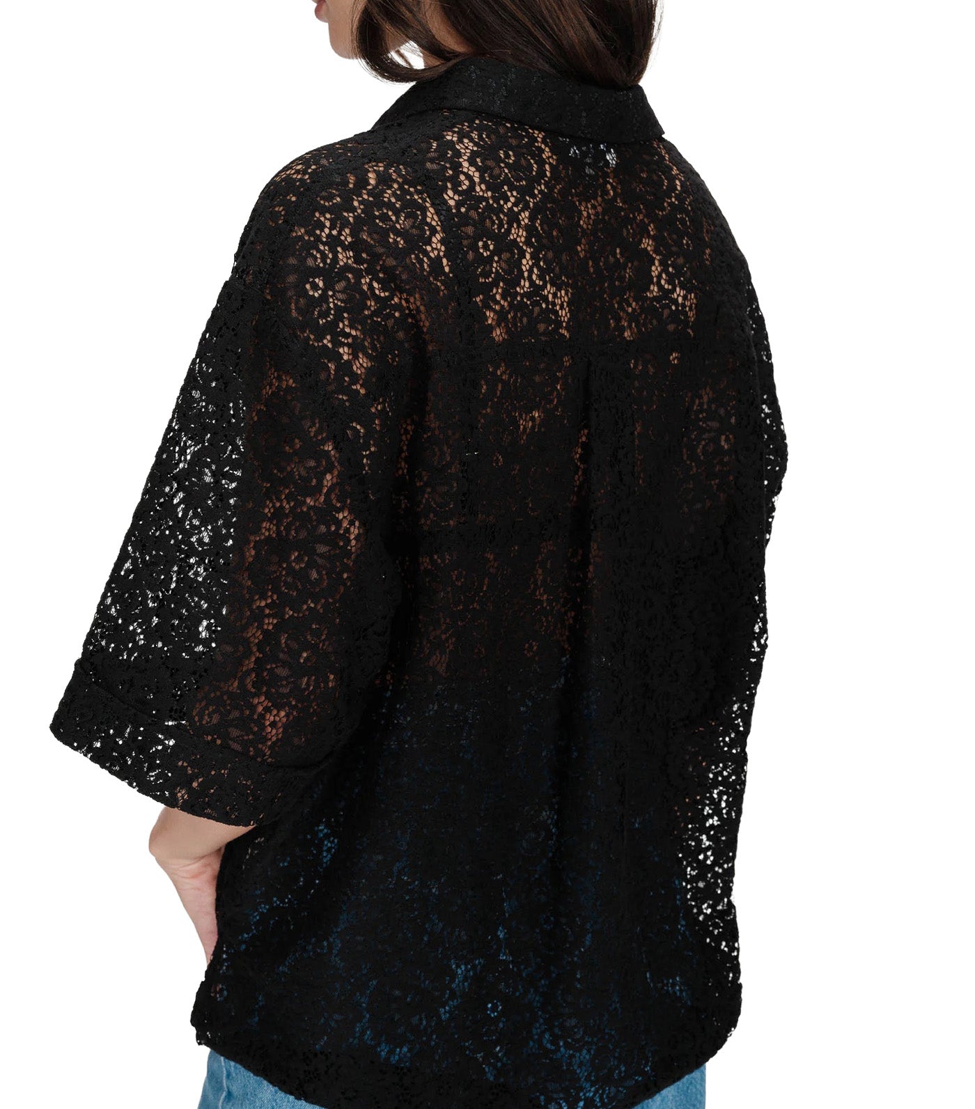 Vendel Sheer Three-Quarter-Sleeved Lace Shirt Black