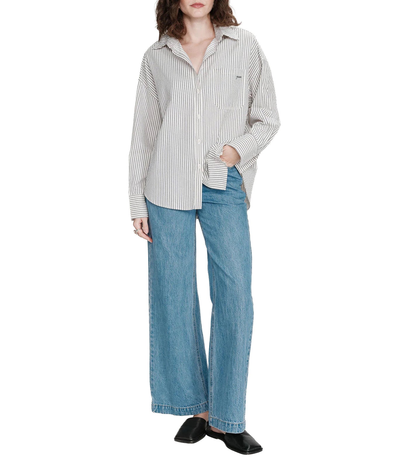 Vipera Oversized Striped Cotton Shirt Navy